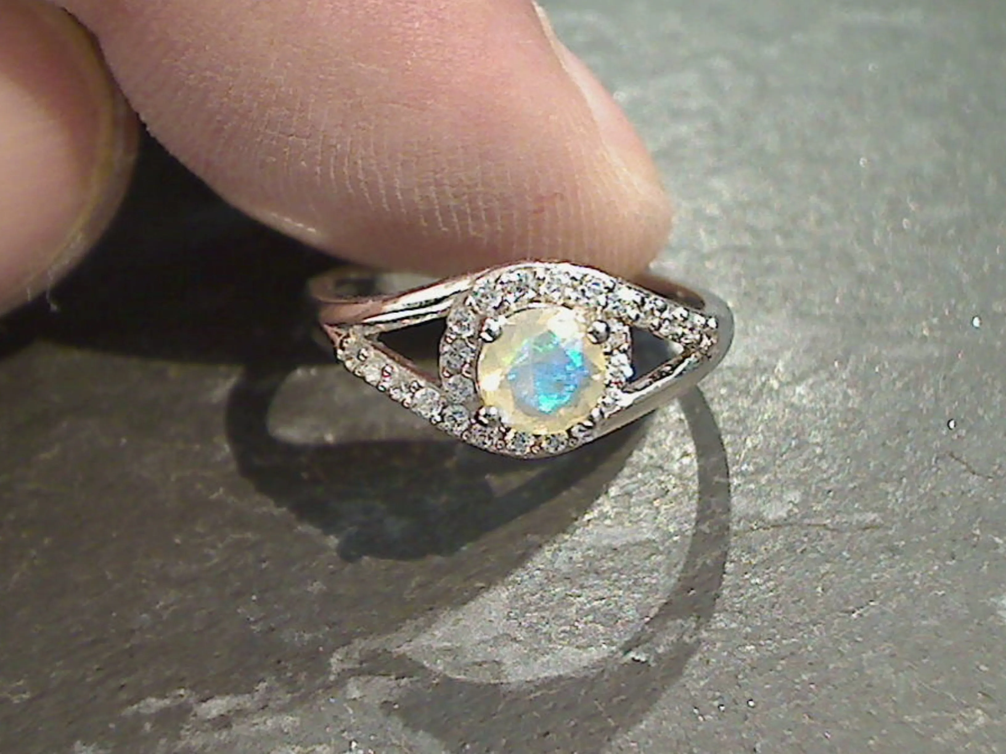 Size 7 Ethiopian Opal, CZ, Rhodium Plated Sterling Silver Ring