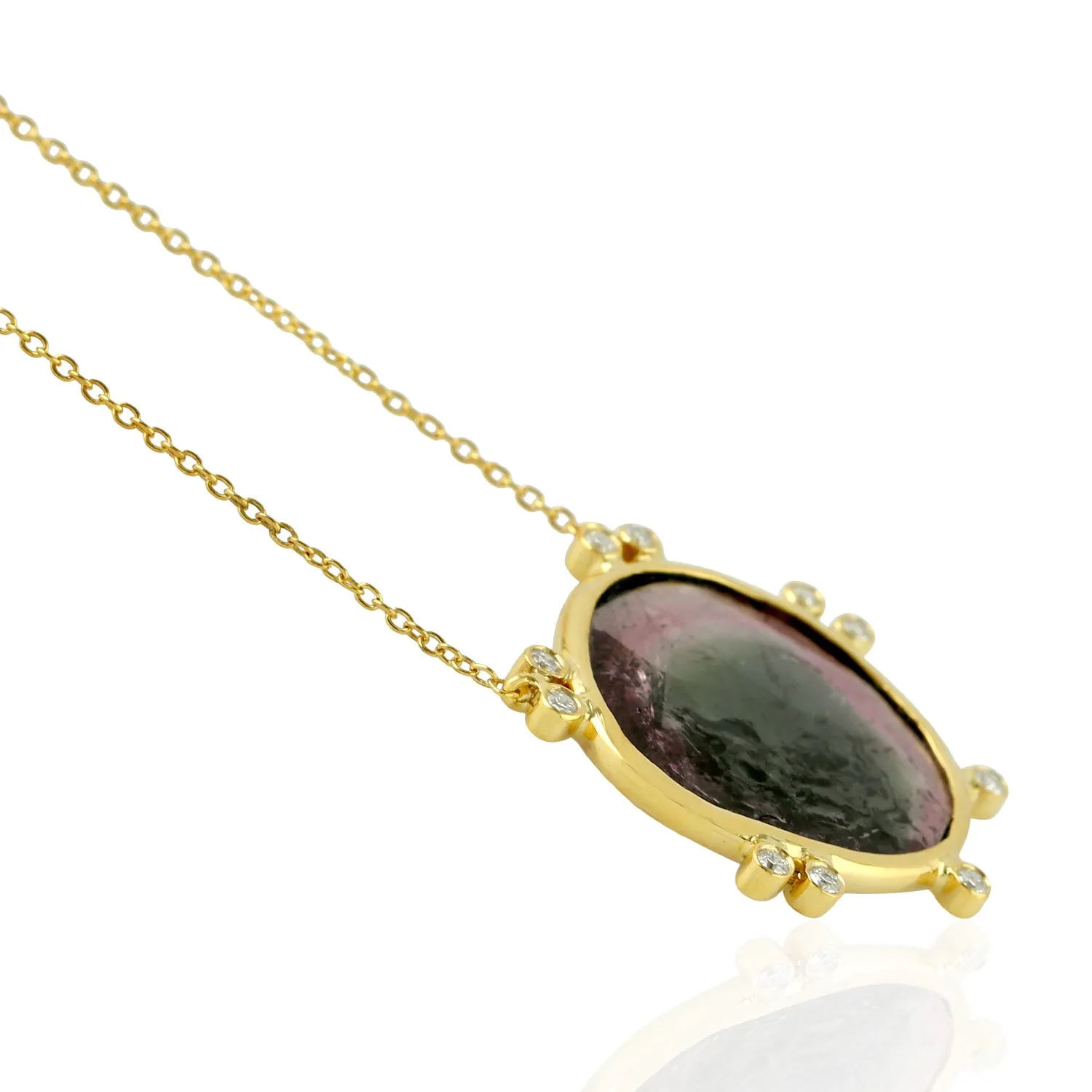 Slice Tourmaline Melon Bezel Set Rose Cut Diamond 18K Yellow Gold Princess Necklace For Gifts