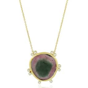 Slice Tourmaline Melon Bezel Set Rose Cut Diamond 18K Yellow Gold Princess Necklace For Gifts