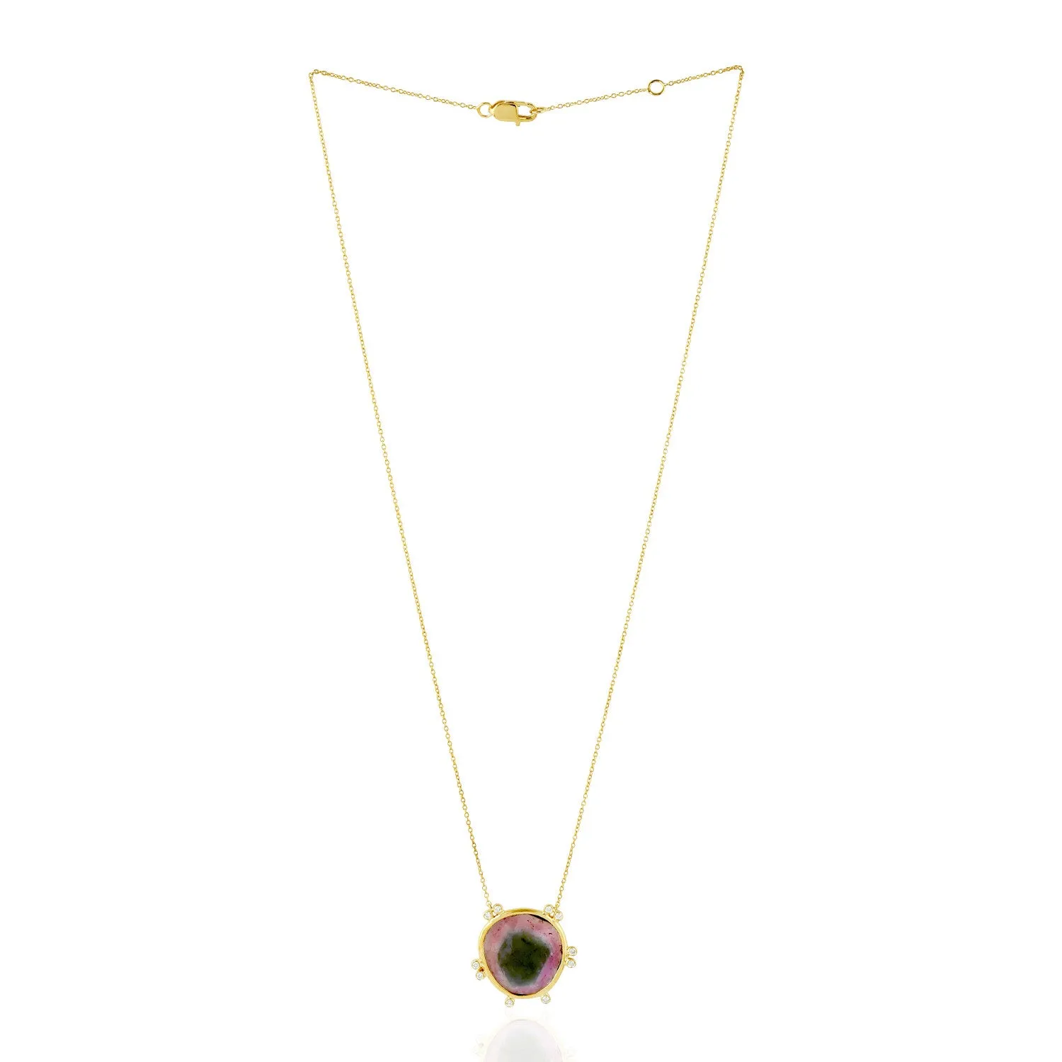 Slice Tourmaline Melon Bezel Set Rose Cut Diamond 18K Yellow Gold Princess Necklace For Gifts