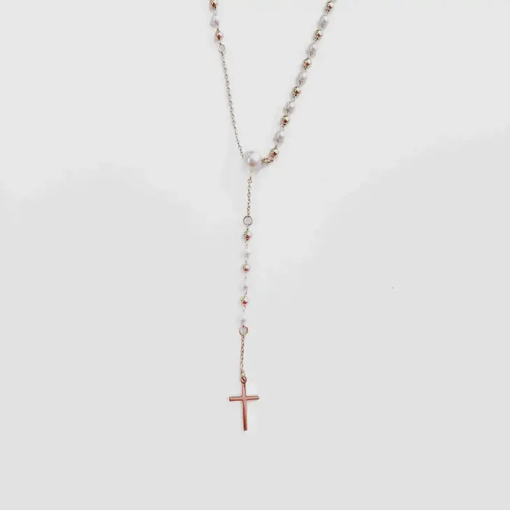 Soft Touch Y Drop Pearl & Cross Necklace