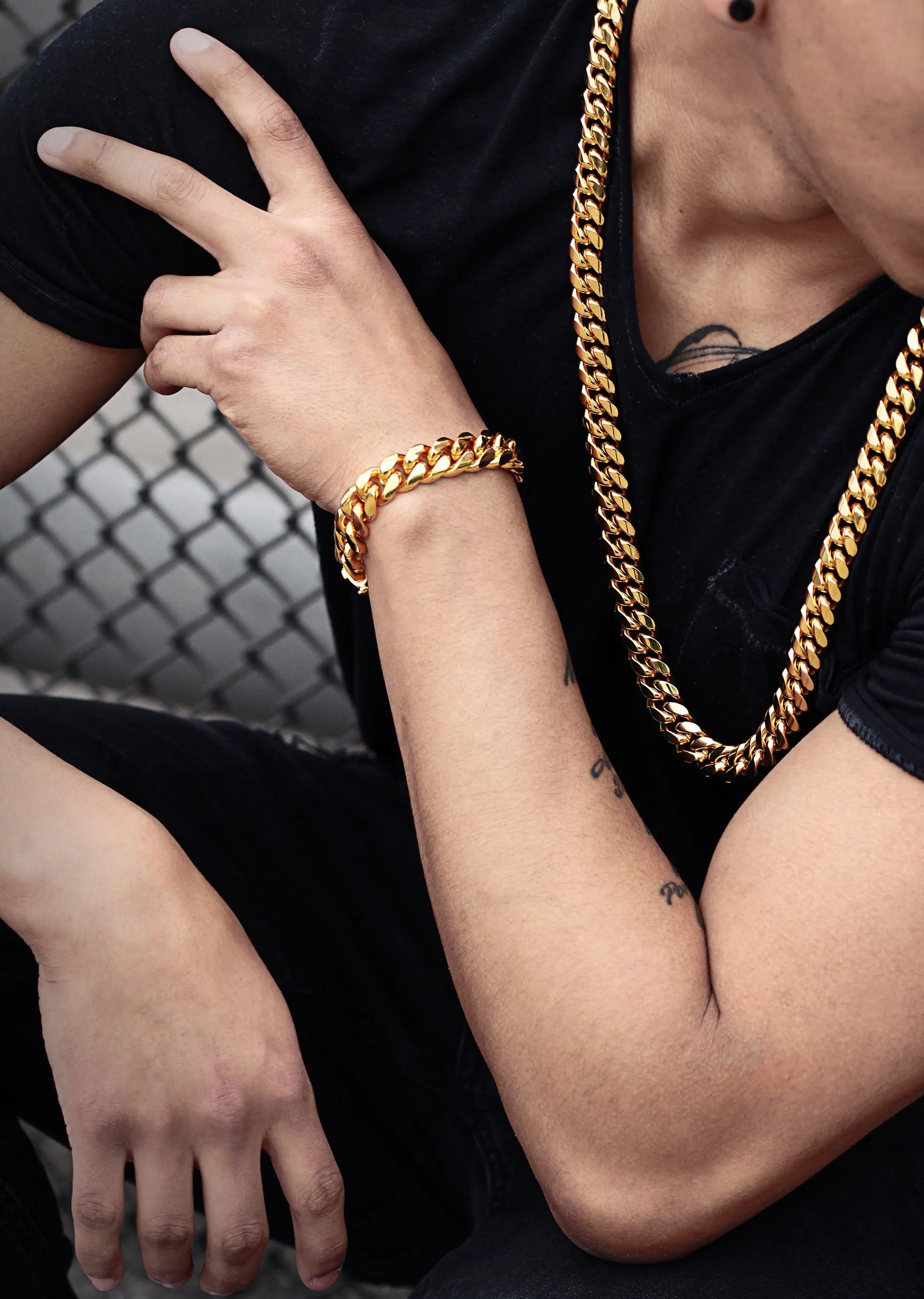 Solid Gold Miami Cuban Link Chain & Bracelet ( 14 Mm )