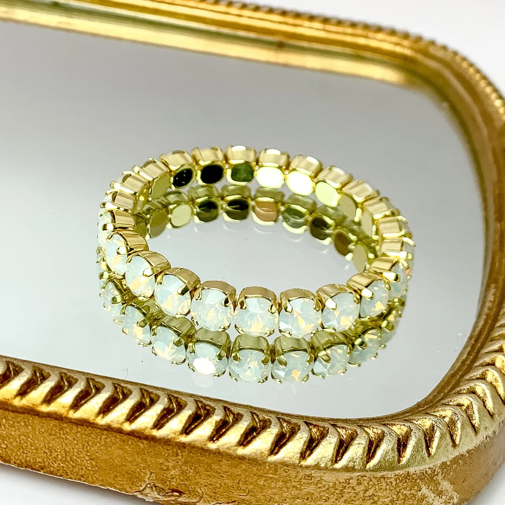 Sorrelli | Sienna Crystal Stretch Bracelet in Bright Gold Tone and White Opal Crystals