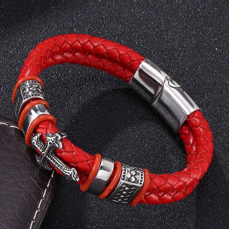 Stainless Steel Double Braided Red Leather Cross Magnetic Bracelet