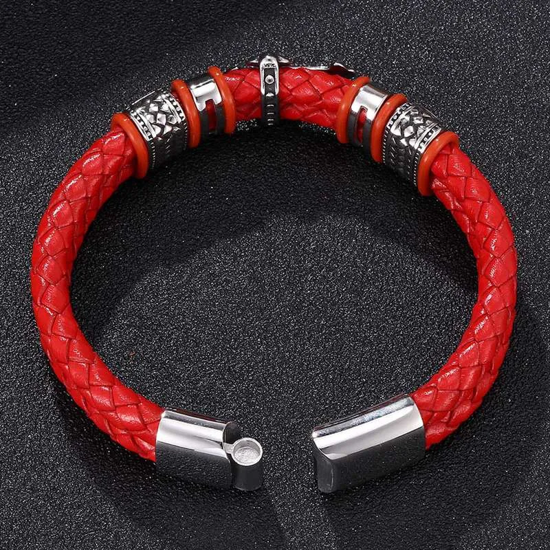 Stainless Steel Double Braided Red Leather Cross Magnetic Bracelet