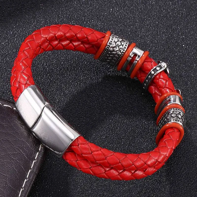 Stainless Steel Double Braided Red Leather Cross Magnetic Bracelet