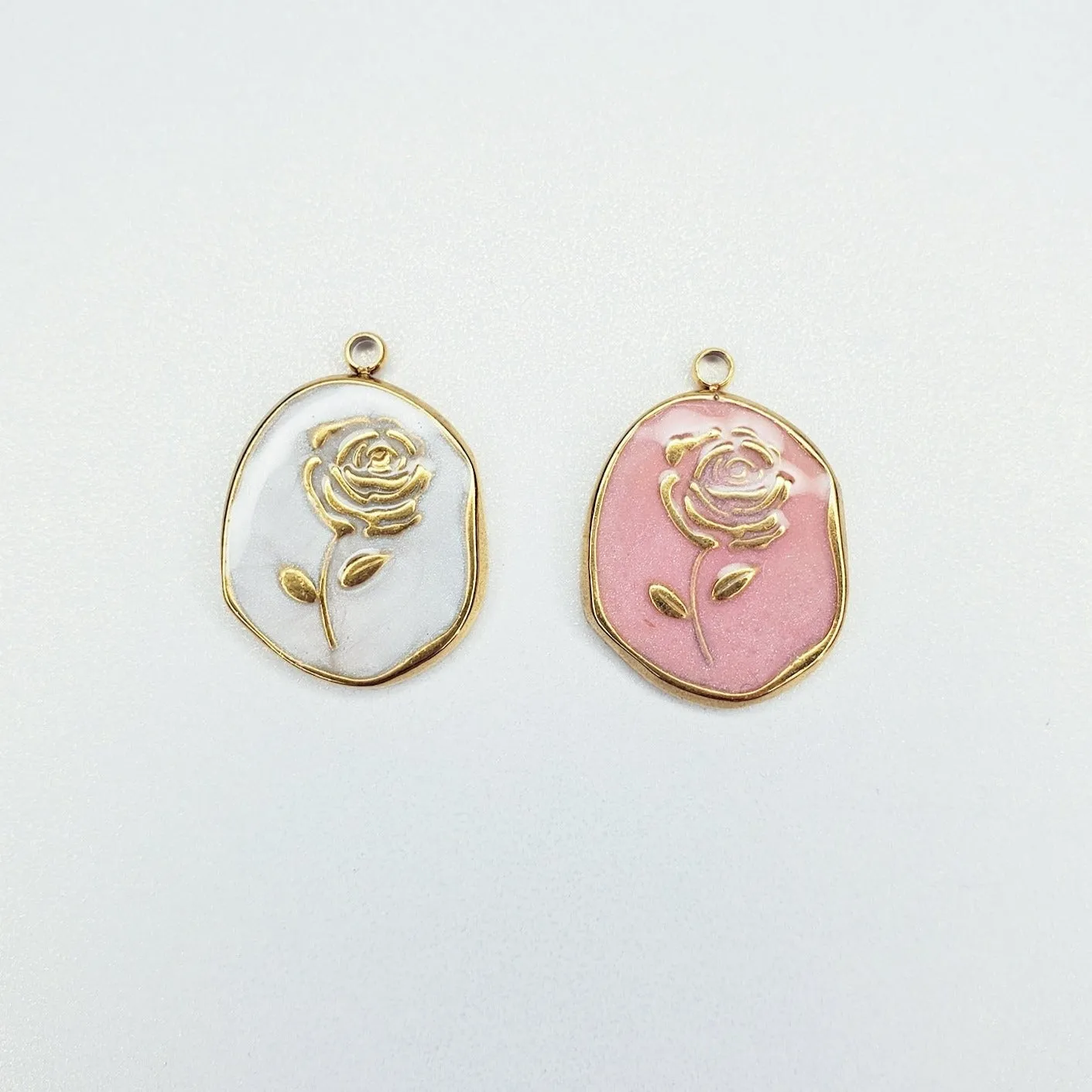 Stainless Steel Oval Enamel Rose Flower Charm