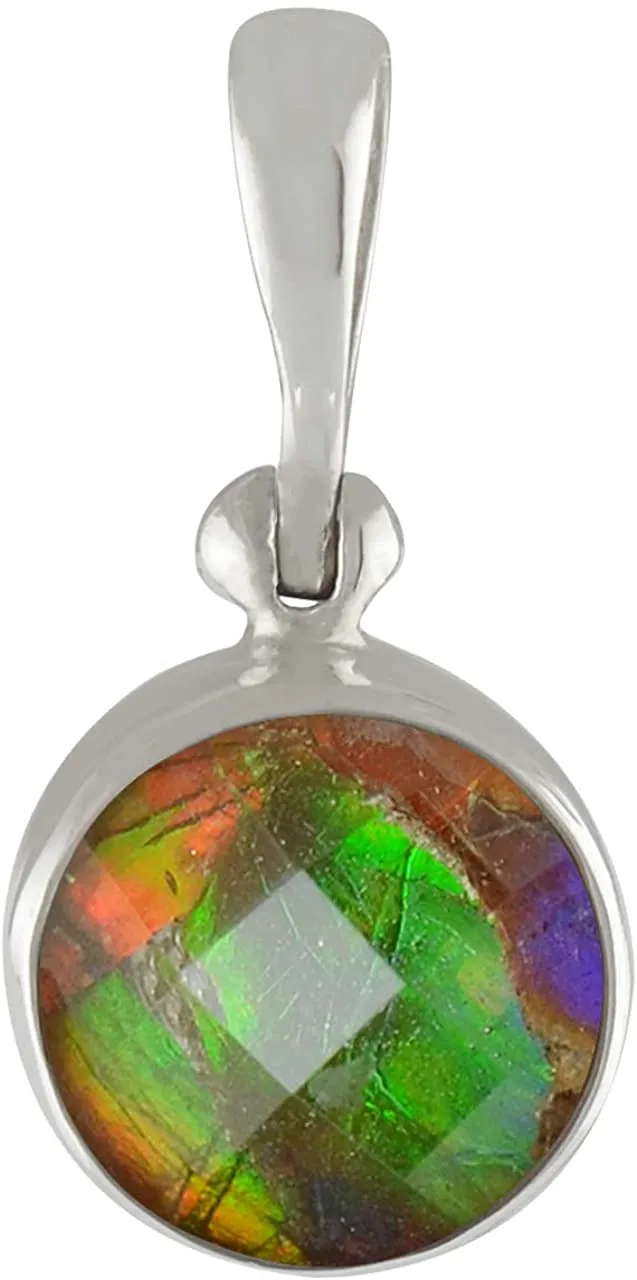 Starborn Ammolite with Quartz Crystal Faceted 7.5 mm Diameter 925 Sterling Silver Round Pendant