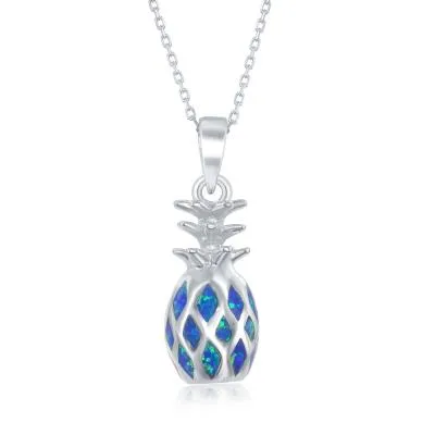 Sterling Silver Blue Inlay Created Opal Pineapple Necklace (76731)