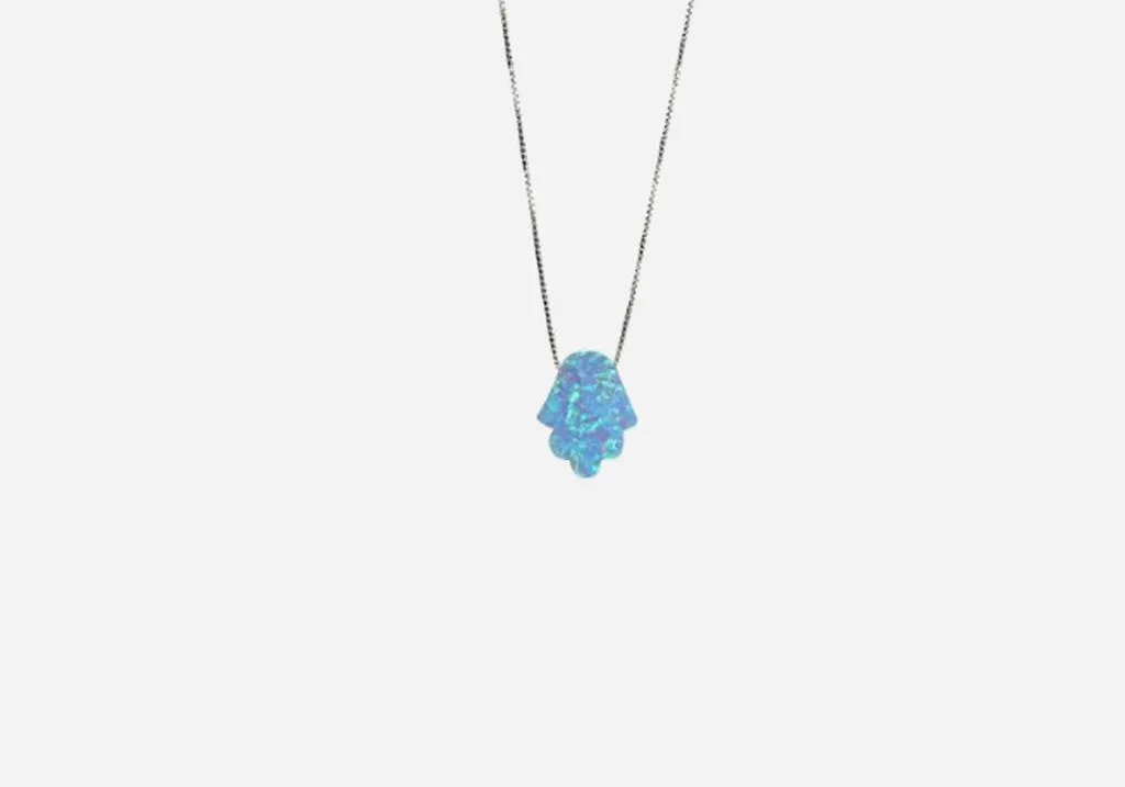 Sterling Silver Blue Opal Mini Hamsa Necklace 17 inch