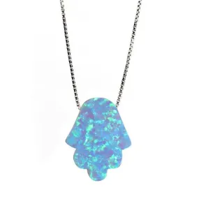 Sterling Silver Blue Opal Mini Hamsa Necklace 17 inch