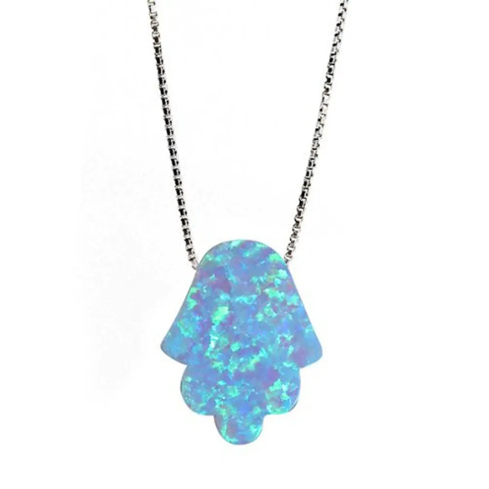 Sterling Silver Blue Opal Mini Hamsa Necklace 17 inch