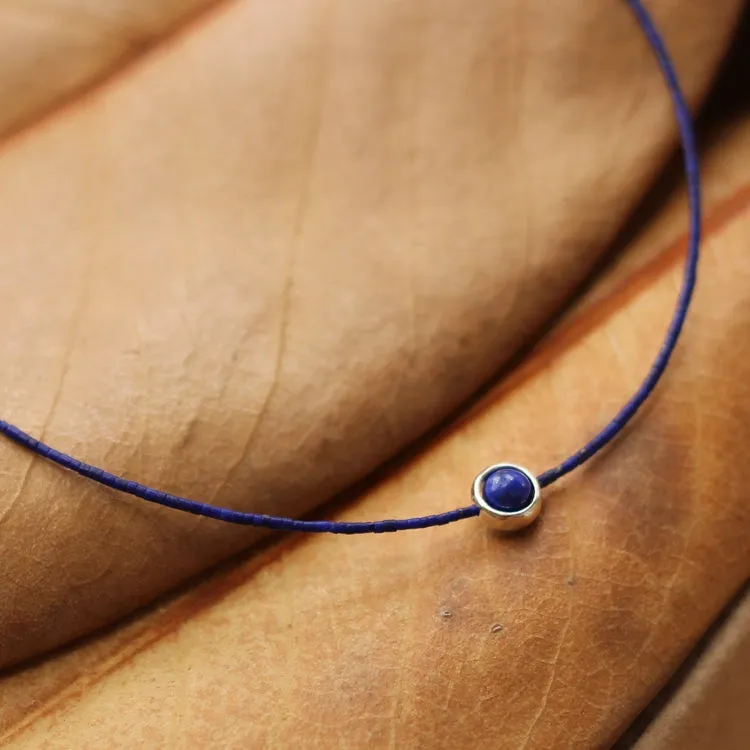 Sterling Silver Lapis Lazuli Bead Choker Necklace Handmade Jewelry Accessories Women