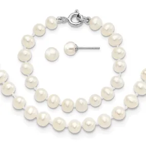 Sterling Silver Madi K Rhodium plated Semi-round Freshwater Cultured Pearl Necklace, Bracelet and Stud Earring Set (98908)