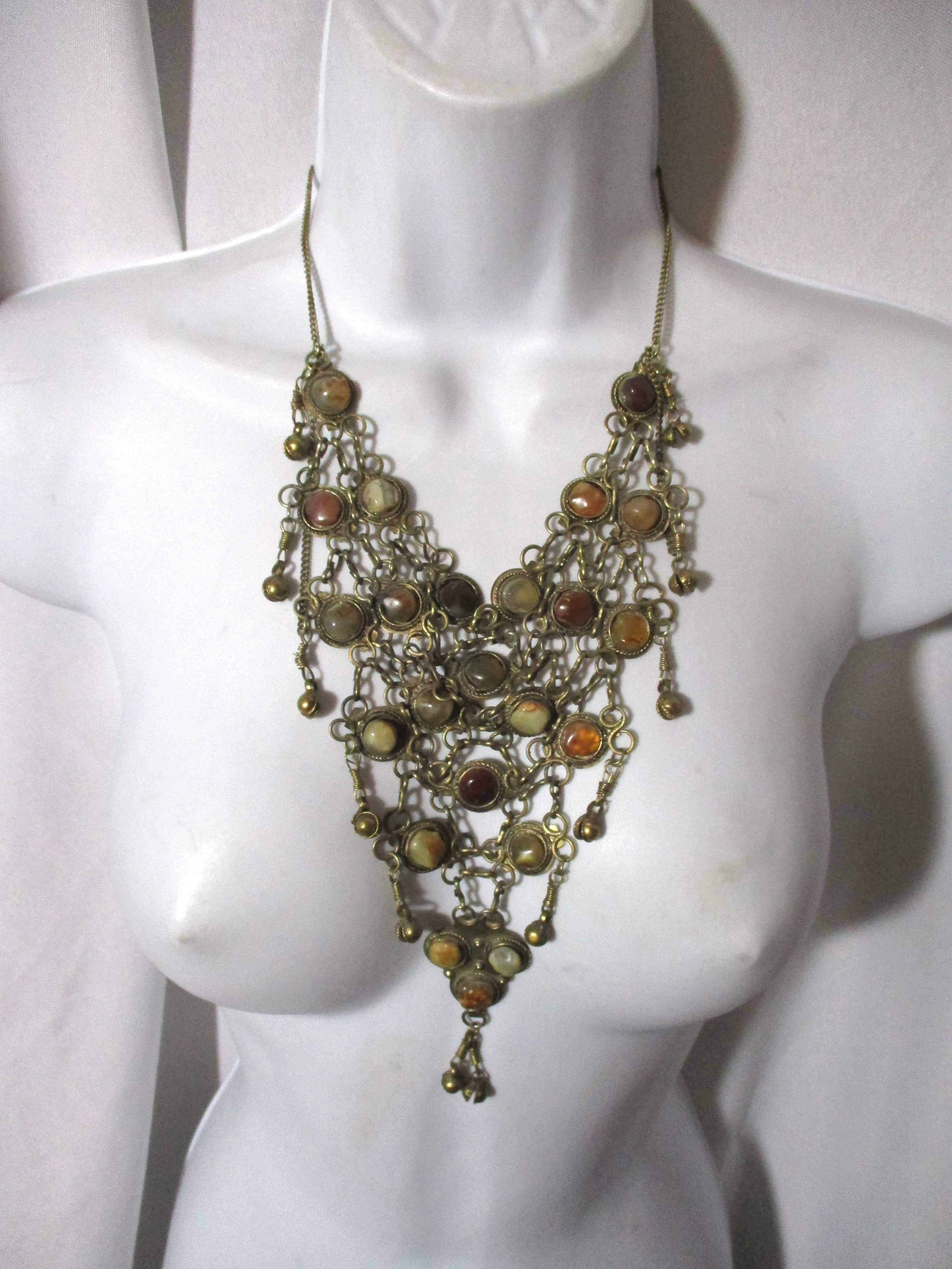 Stone Encrusted Chainmail Inlay Tier Dangle Runway Ethnic NECKLACE TRIBAL Bib CLEOPATRA Style