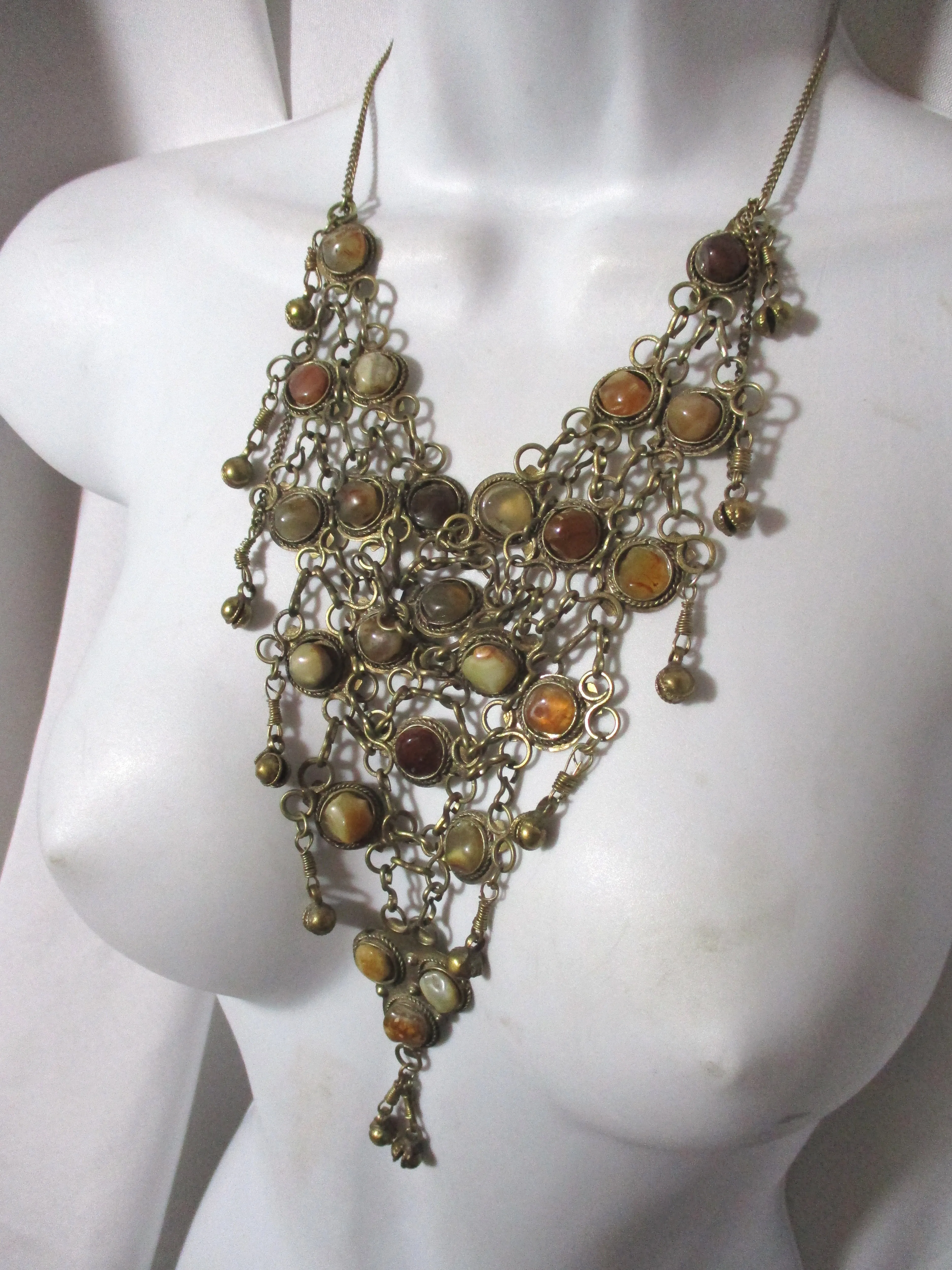 Stone Encrusted Chainmail Inlay Tier Dangle Runway Ethnic NECKLACE TRIBAL Bib CLEOPATRA Style