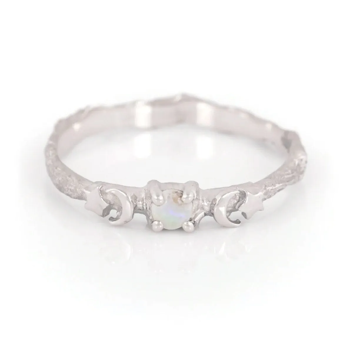 Sun, Moon & Stars Opal Ring - 14k White Gold