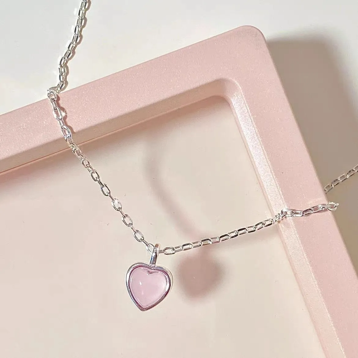 Sweet Silver Pink Opal Heart Necklace