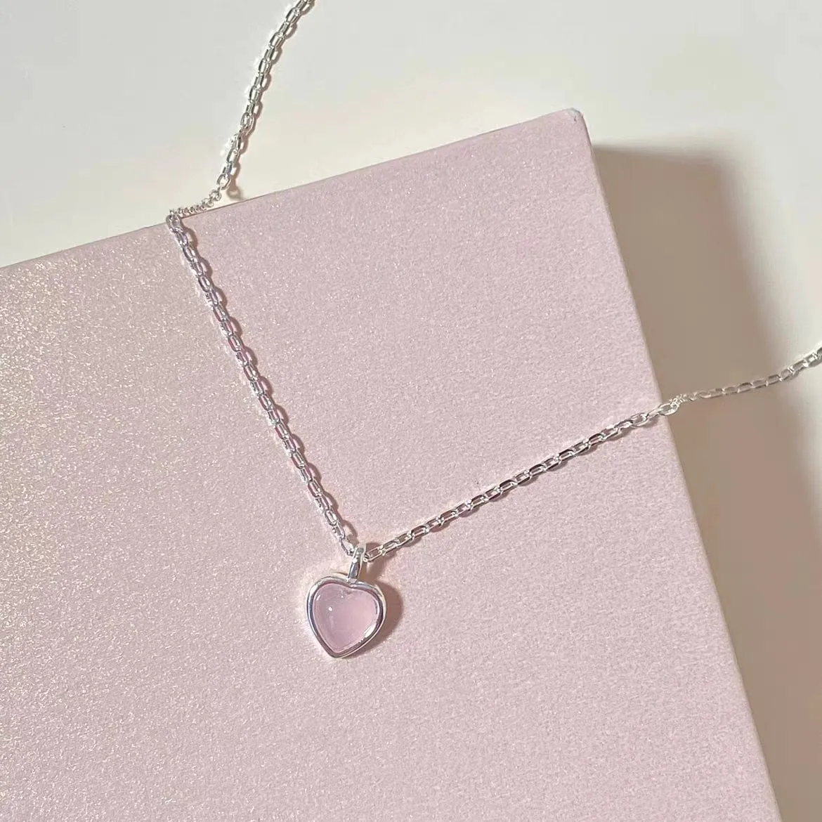 Sweet Silver Pink Opal Heart Necklace