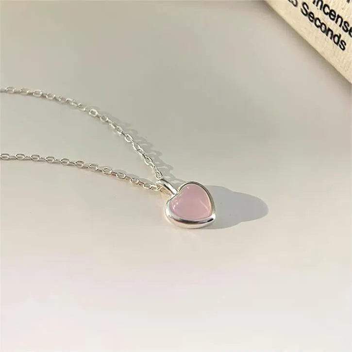 Sweet Silver Pink Opal Heart Necklace