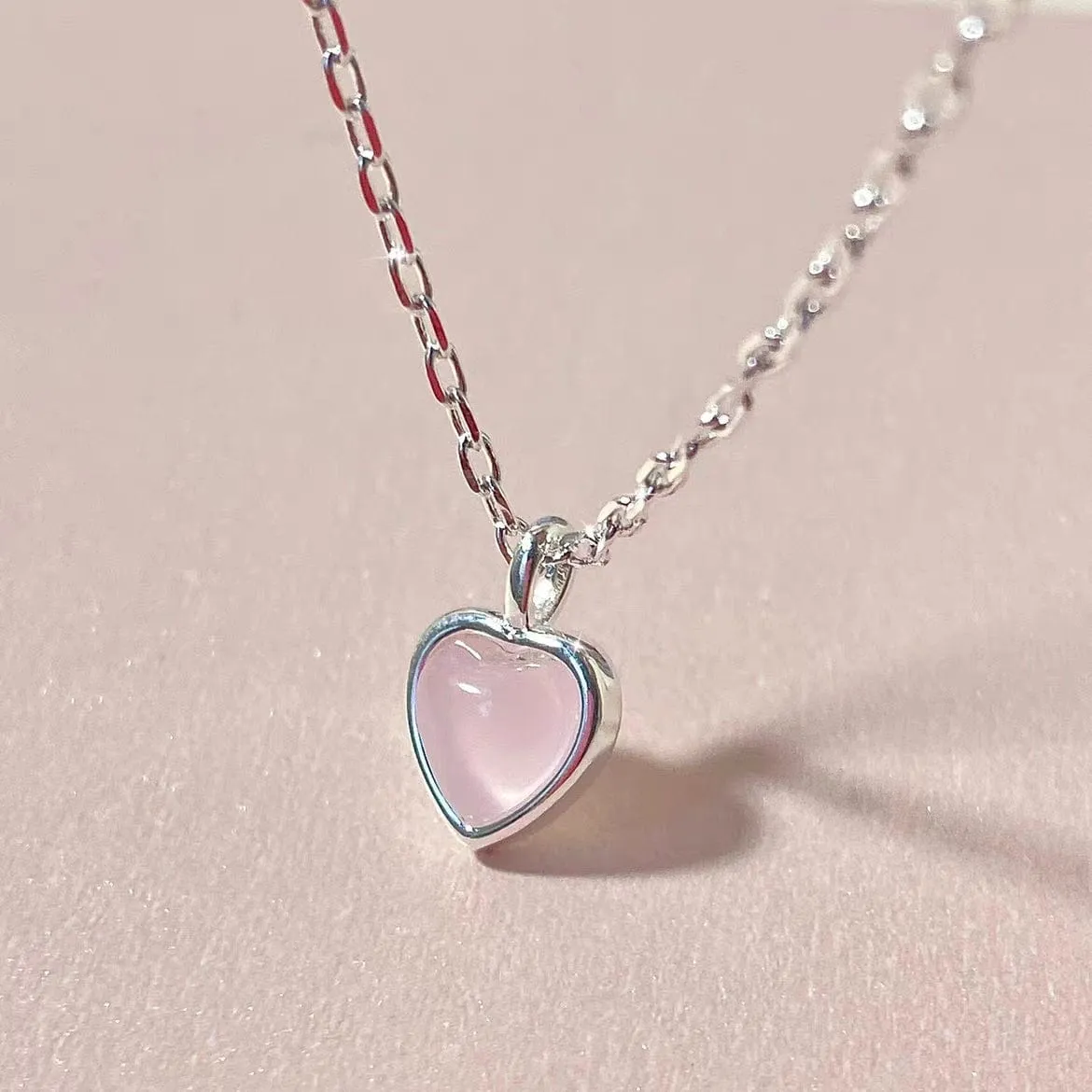 Sweet Silver Pink Opal Heart Necklace