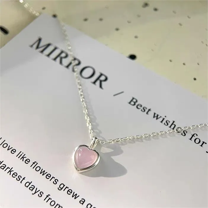 Sweet Silver Pink Opal Heart Necklace