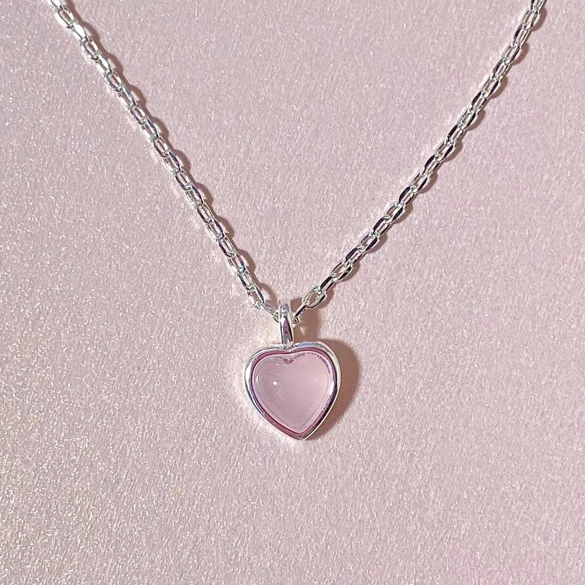 Sweet Silver Pink Opal Heart Necklace