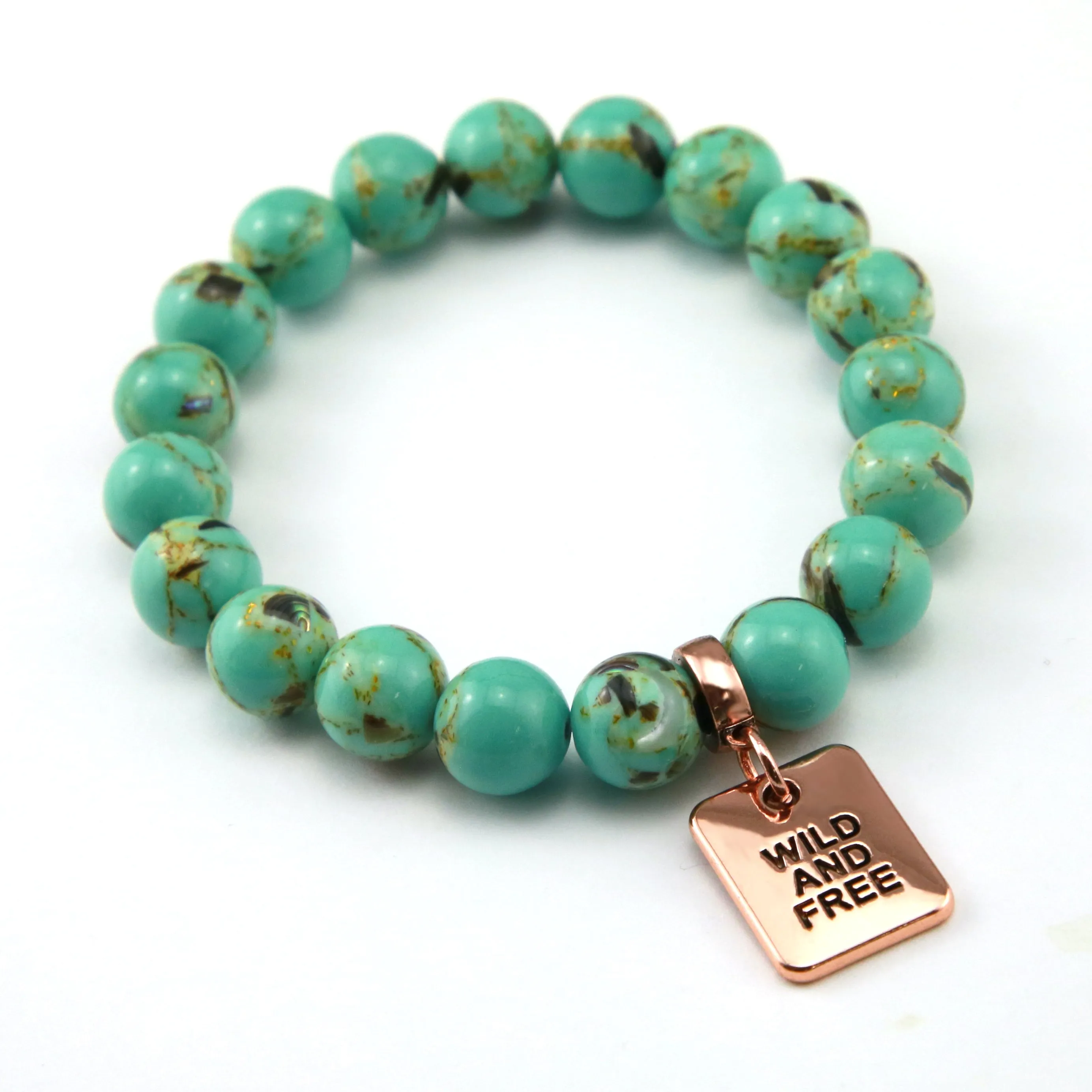 TEAL COLLECTION - Light Teal Synthesis 10mm Bead Bracelet  - Rose Gold Word Charms