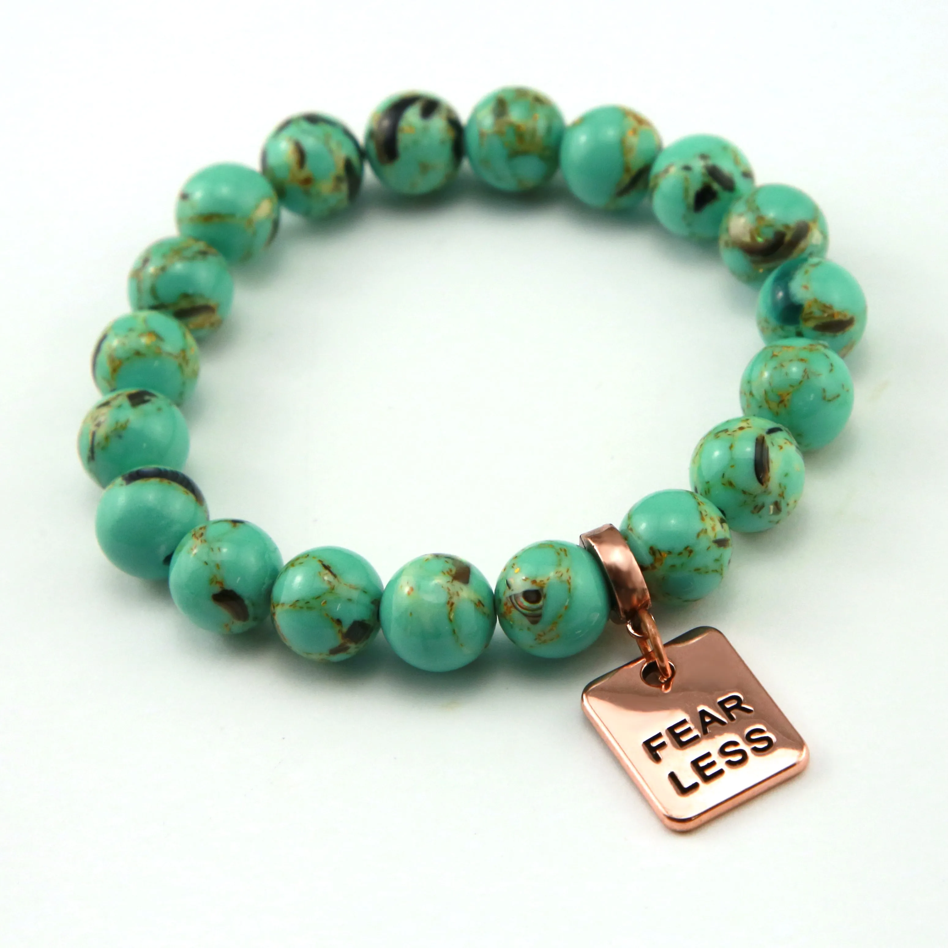 TEAL COLLECTION - Light Teal Synthesis 10mm Bead Bracelet  - Rose Gold Word Charms