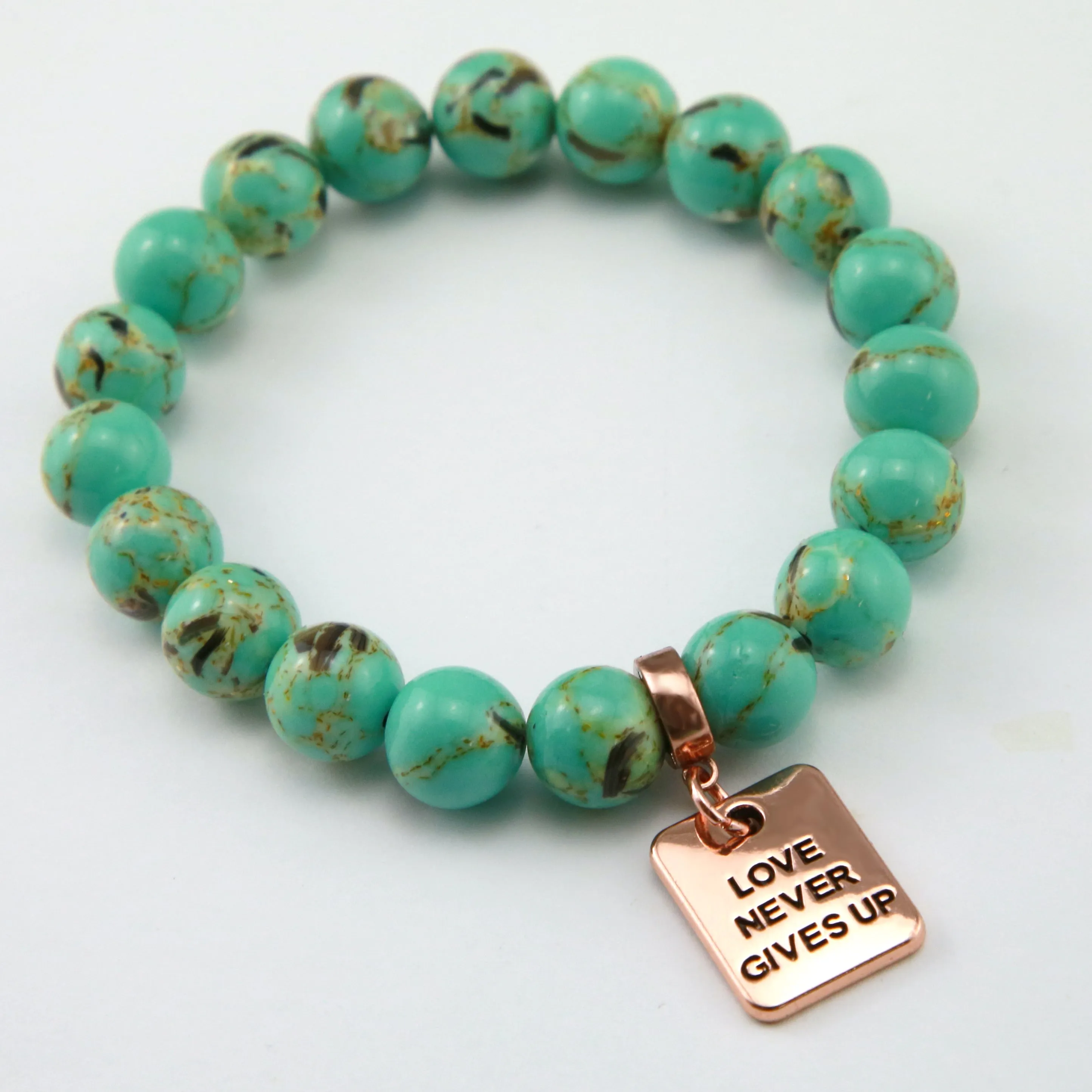 TEAL COLLECTION - Light Teal Synthesis 10mm Bead Bracelet  - Rose Gold Word Charms