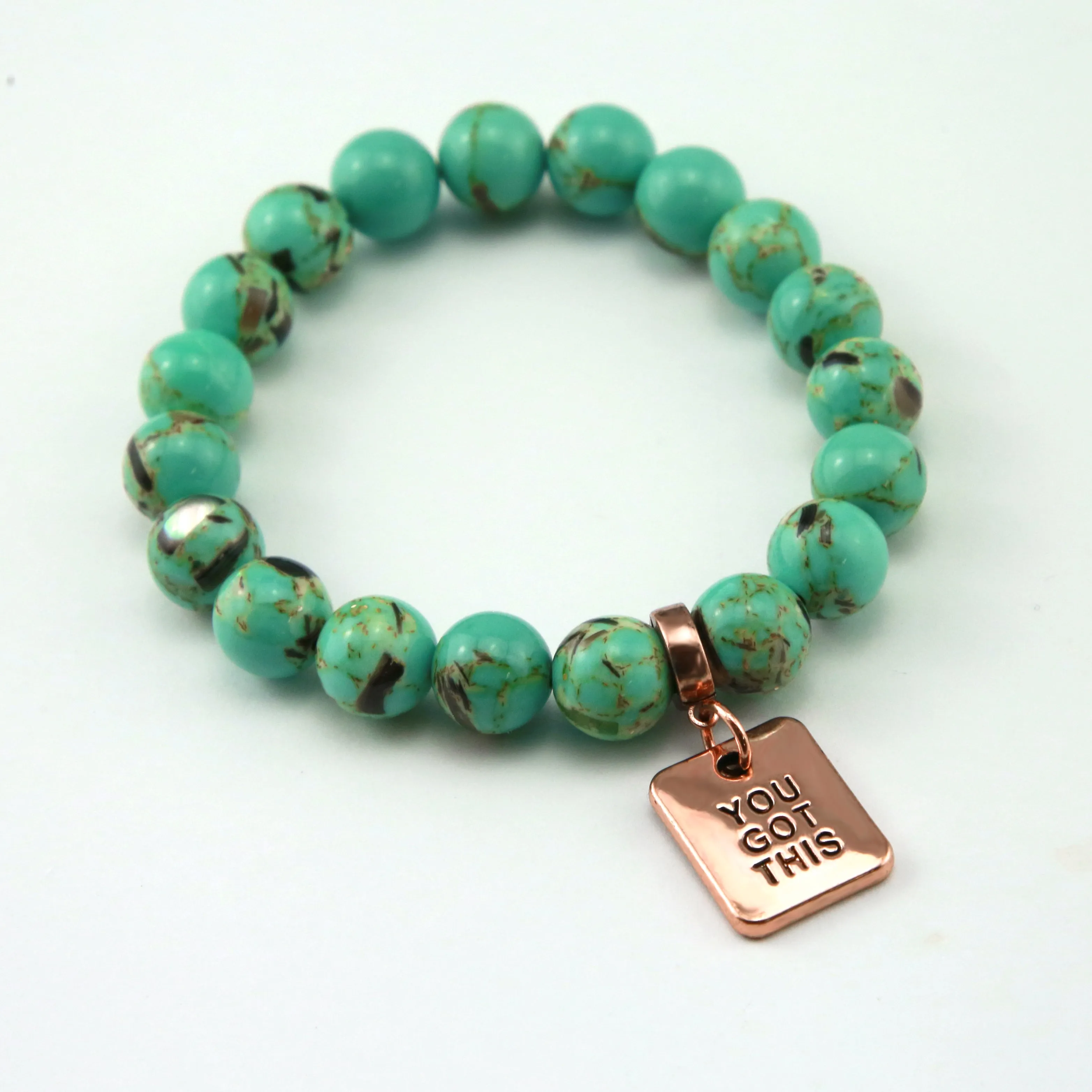 TEAL COLLECTION - Light Teal Synthesis 10mm Bead Bracelet  - Rose Gold Word Charms