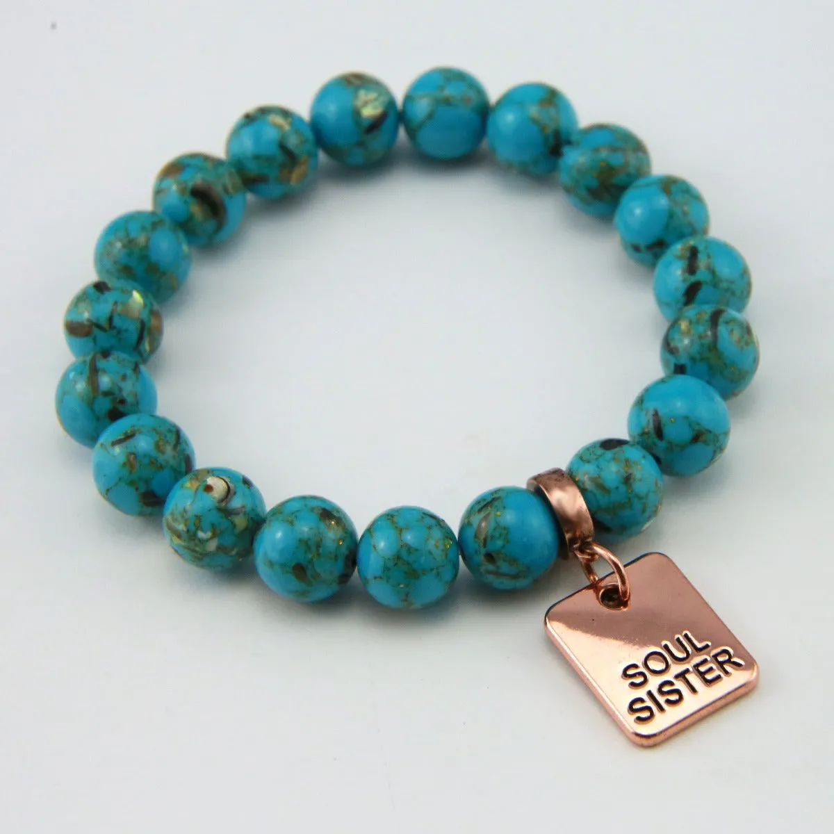 TEAL COLLECTION Peacock Teal Synthesis 10mm Stone Bead Bracelet - Rose Gold Word Charms