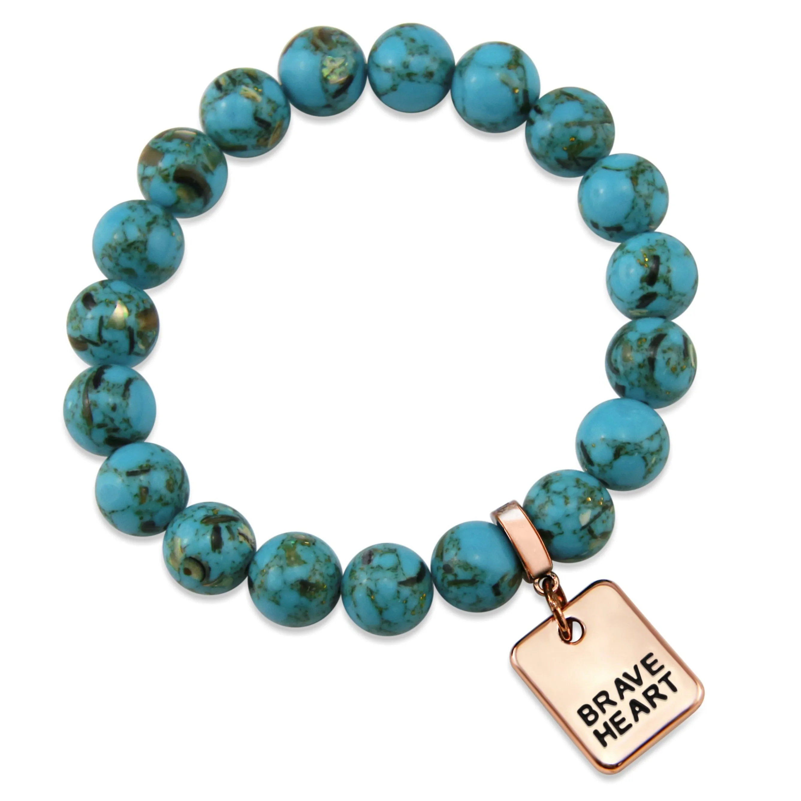 TEAL COLLECTION Peacock Teal Synthesis 10mm Stone Bead Bracelet - Rose Gold Word Charms