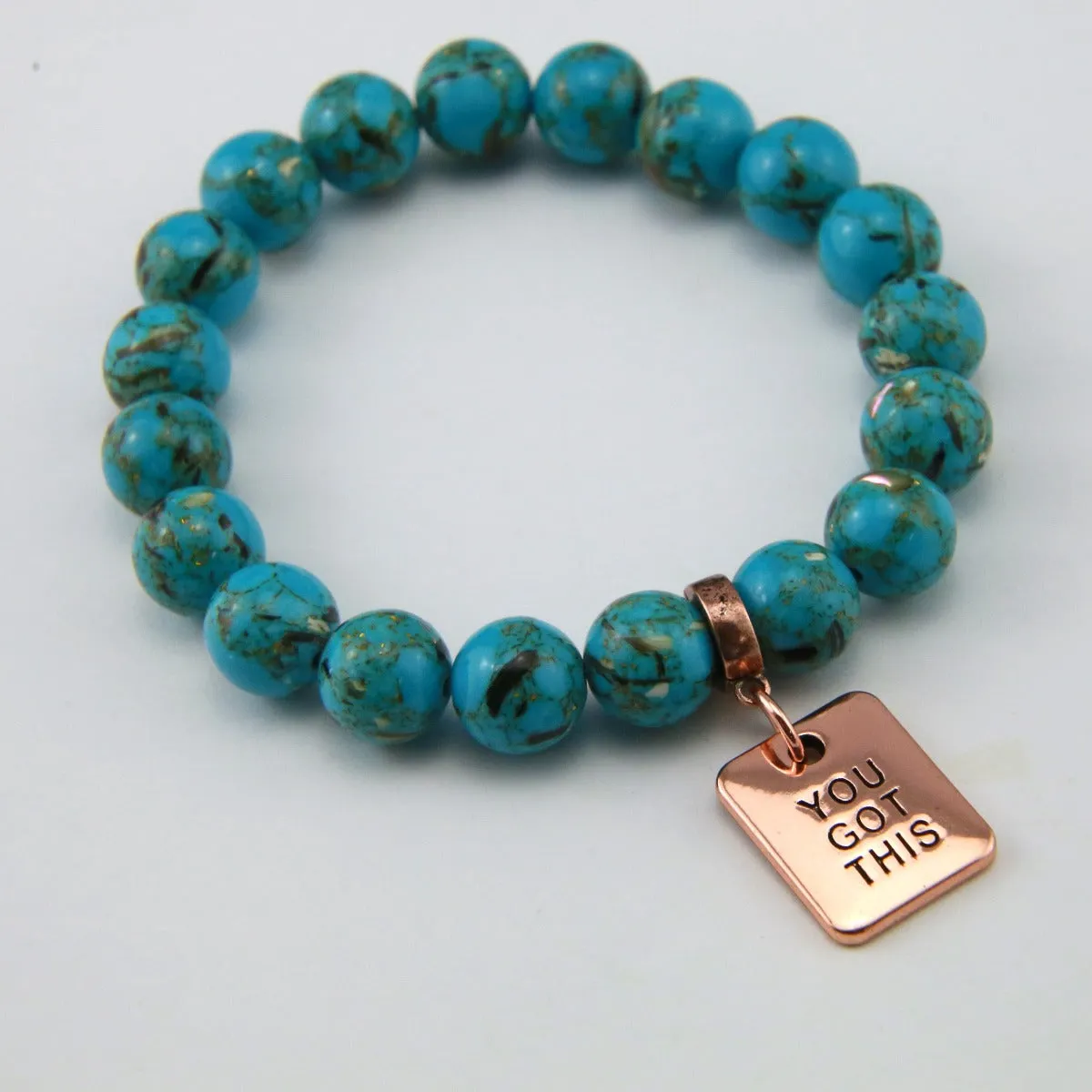 TEAL COLLECTION Peacock Teal Synthesis 10mm Stone Bead Bracelet - Rose Gold Word Charms