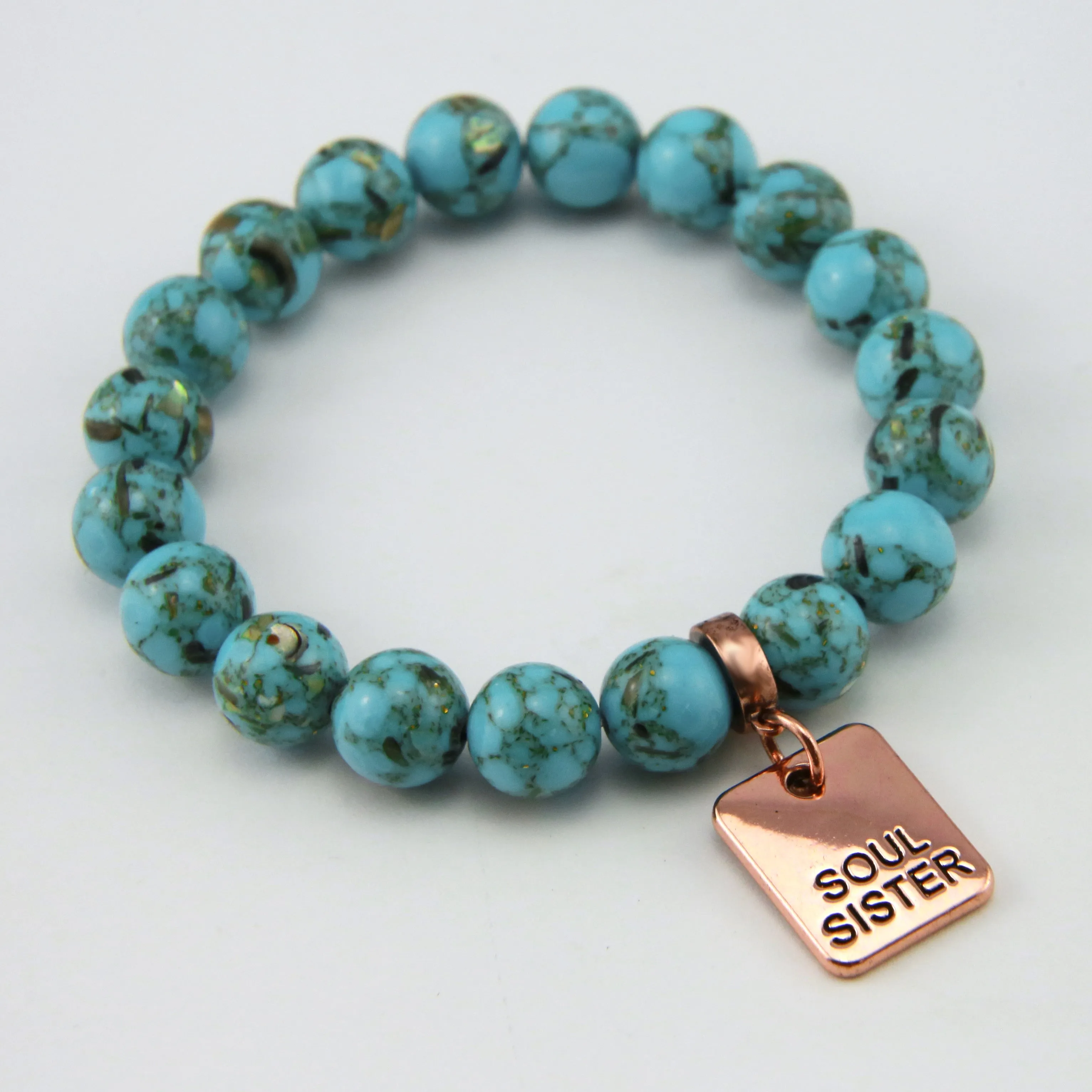 TEAL COLLECTION Peacock Teal Synthesis 10mm Stone Bead Bracelet - Rose Gold Word Charms