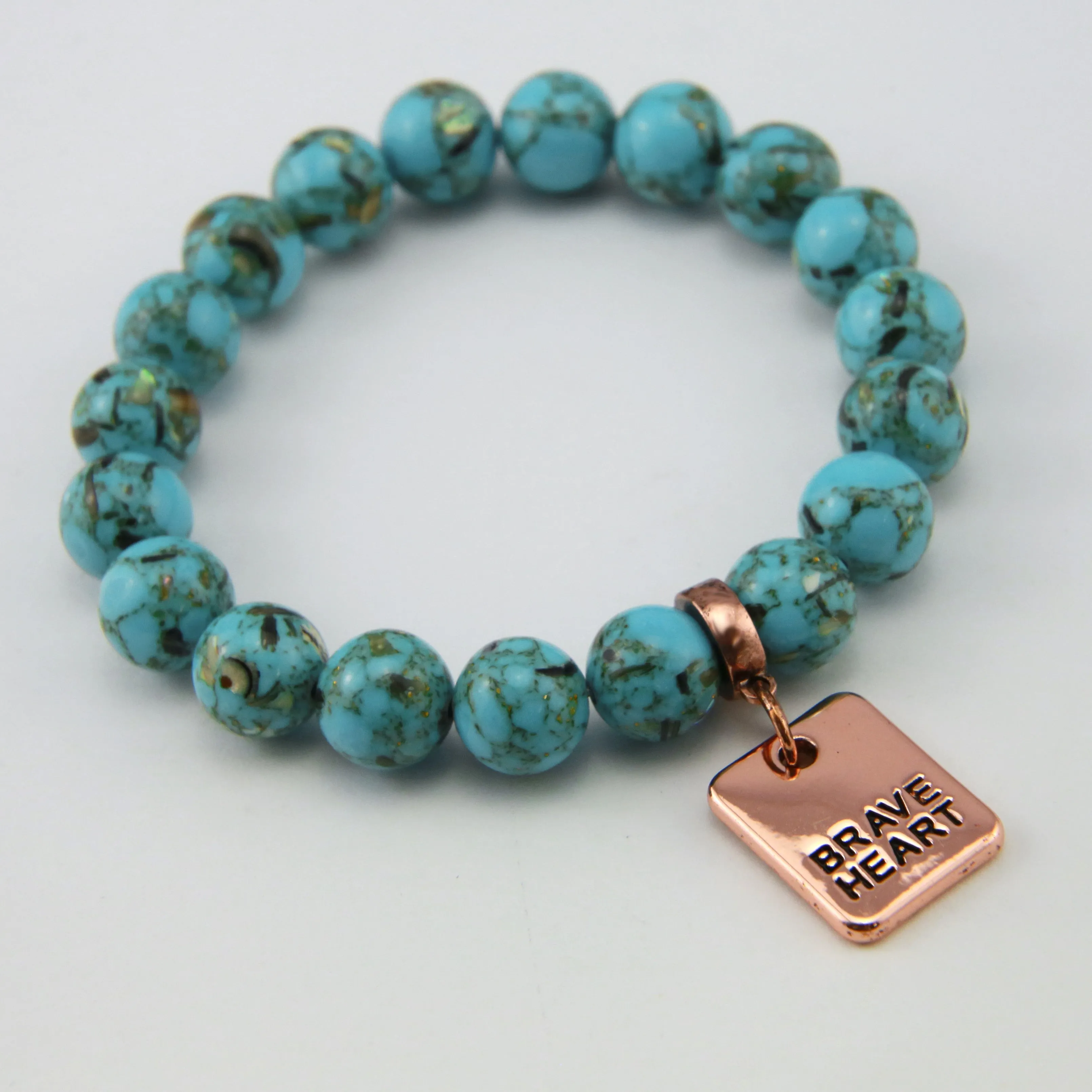 TEAL COLLECTION Peacock Teal Synthesis 10mm Stone Bead Bracelet - Rose Gold Word Charms