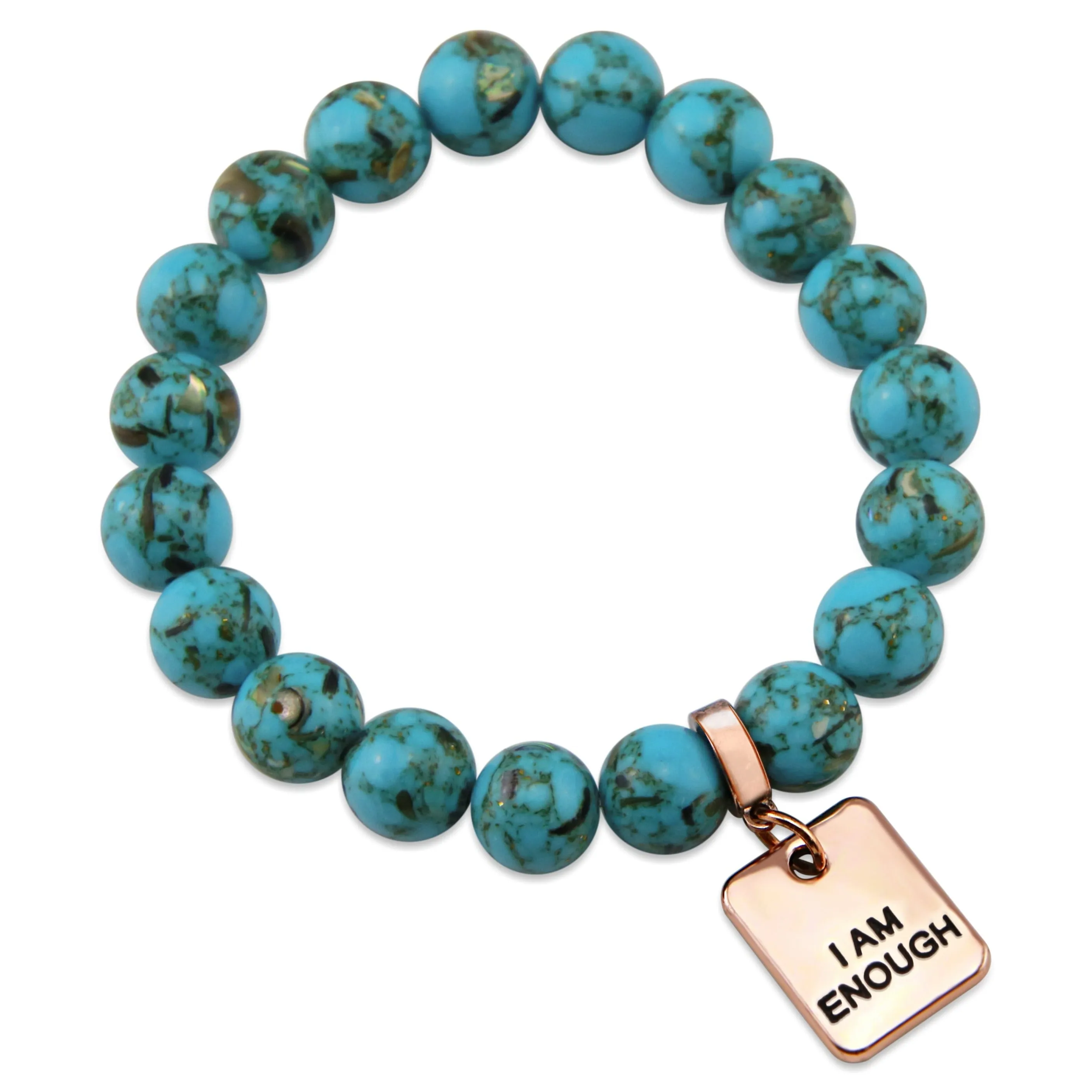 TEAL COLLECTION Peacock Teal Synthesis 10mm Stone Bead Bracelet - Rose Gold Word Charms