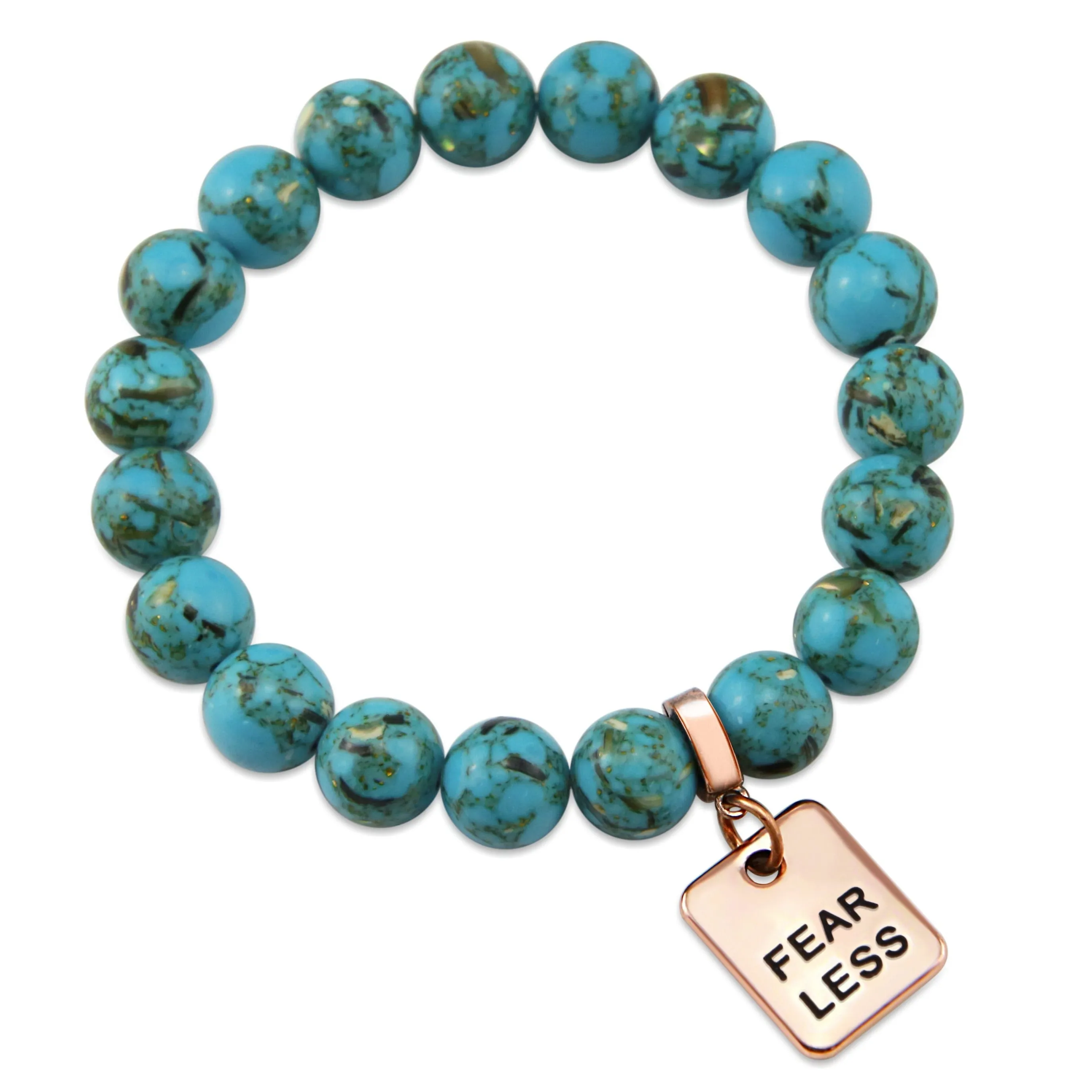 TEAL COLLECTION Peacock Teal Synthesis 10mm Stone Bead Bracelet - Rose Gold Word Charms