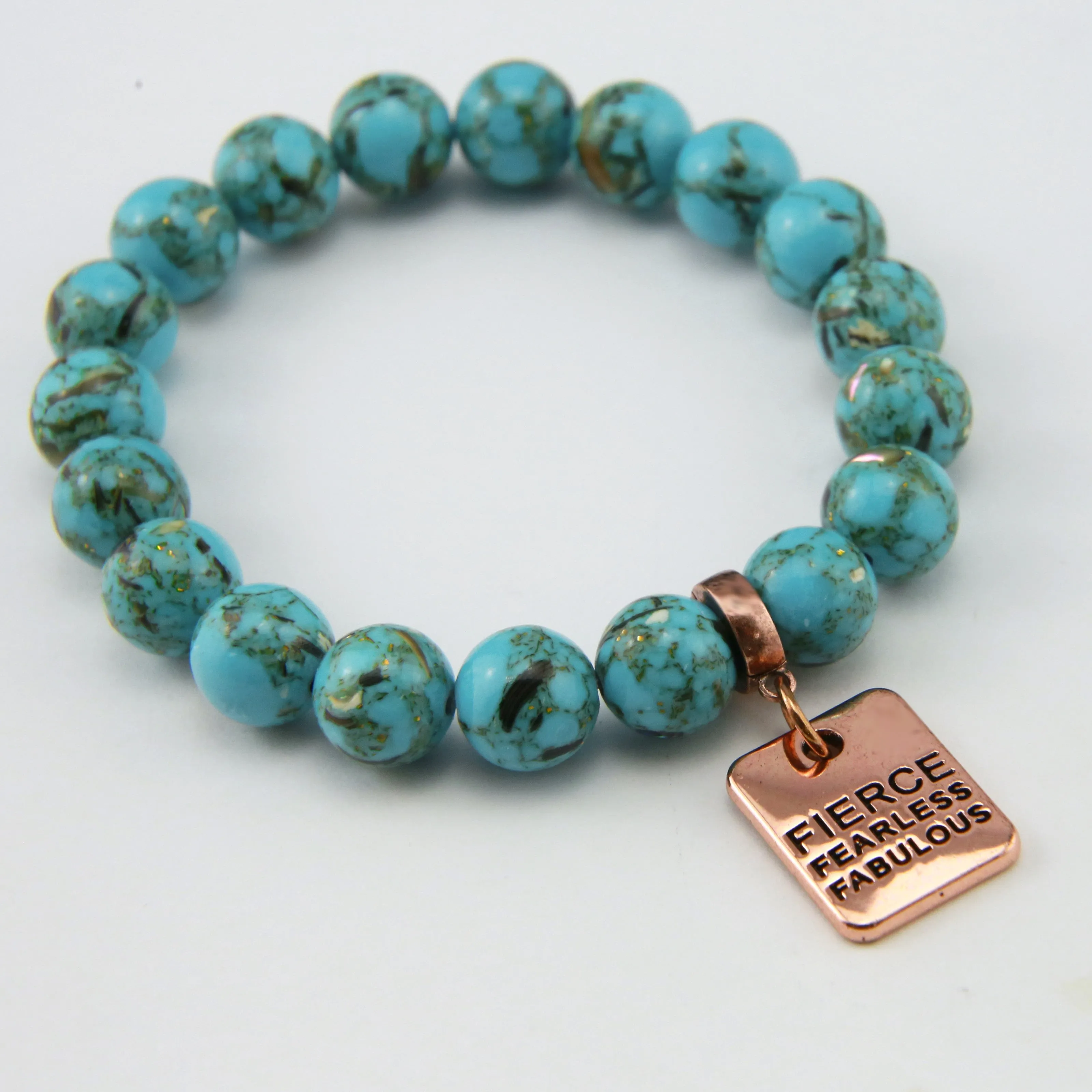 TEAL COLLECTION Peacock Teal Synthesis 10mm Stone Bead Bracelet - Rose Gold Word Charms