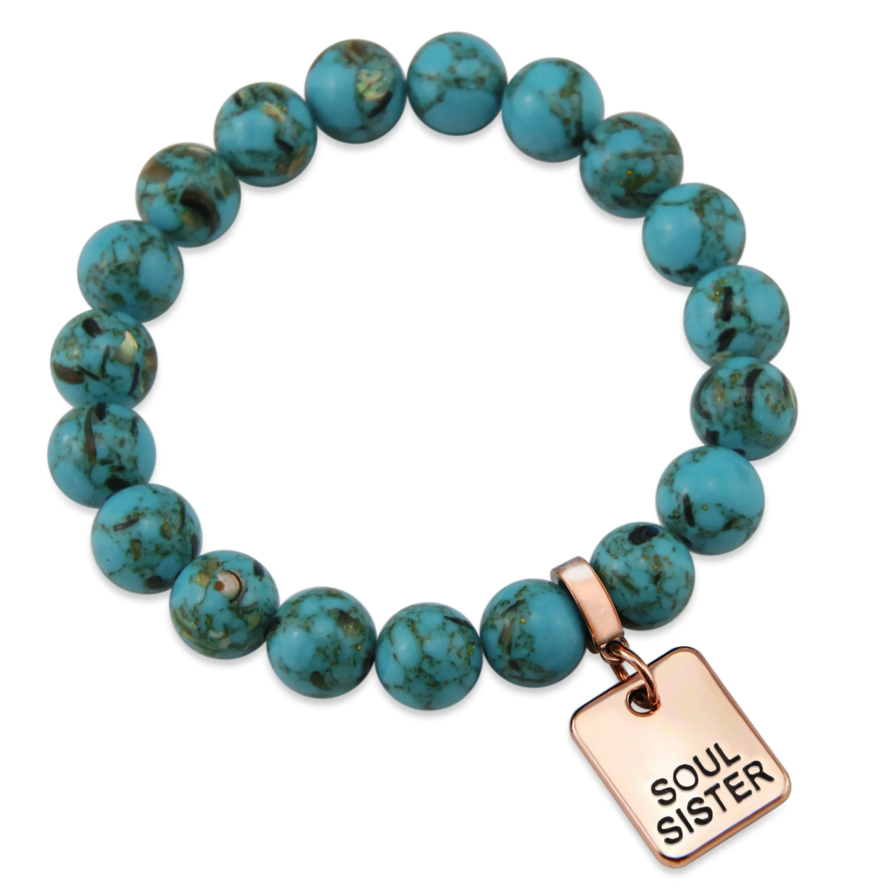 TEAL COLLECTION Peacock Teal Synthesis 10mm Stone Bead Bracelet - Rose Gold Word Charms