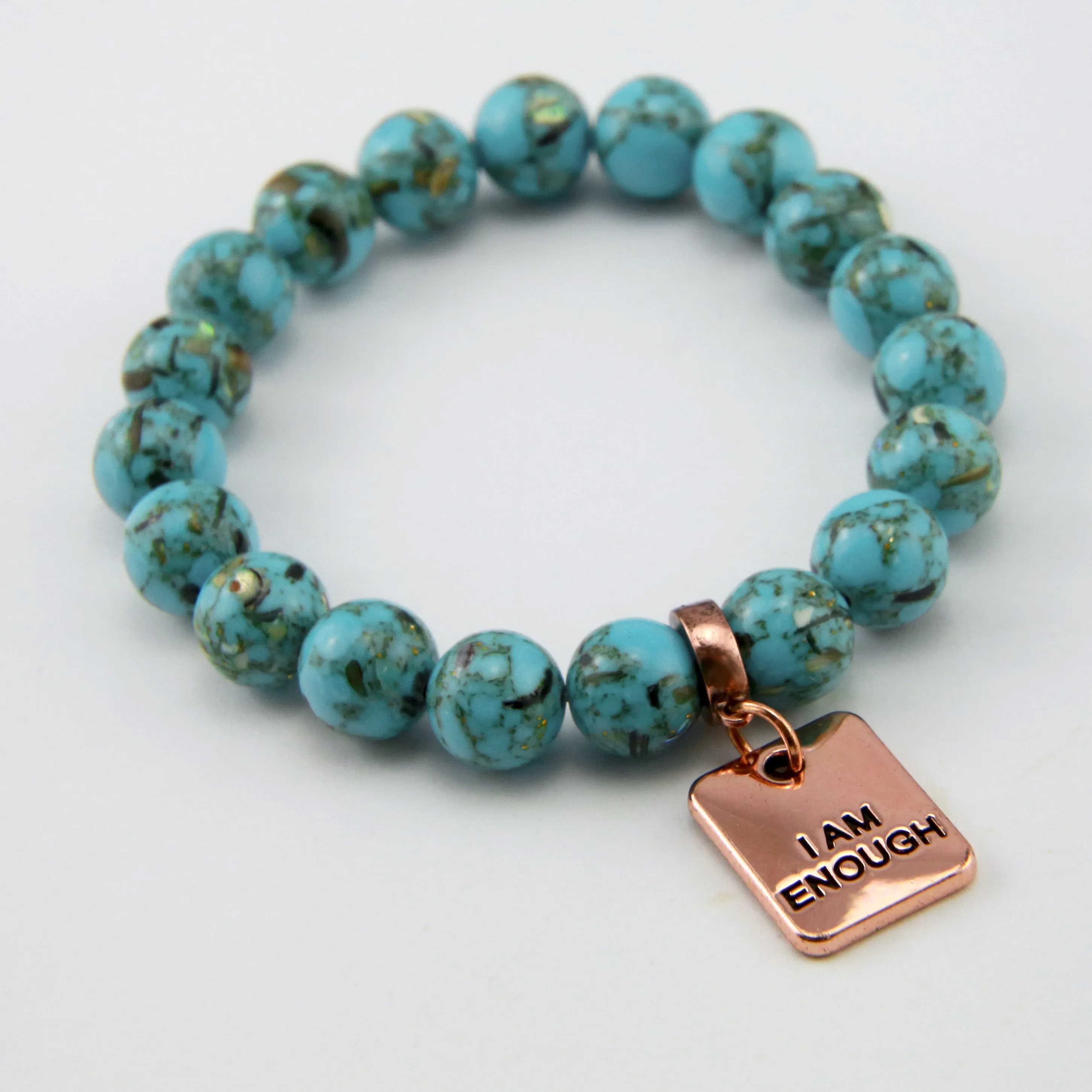 TEAL COLLECTION Peacock Teal Synthesis 10mm Stone Bead Bracelet - Rose Gold Word Charms