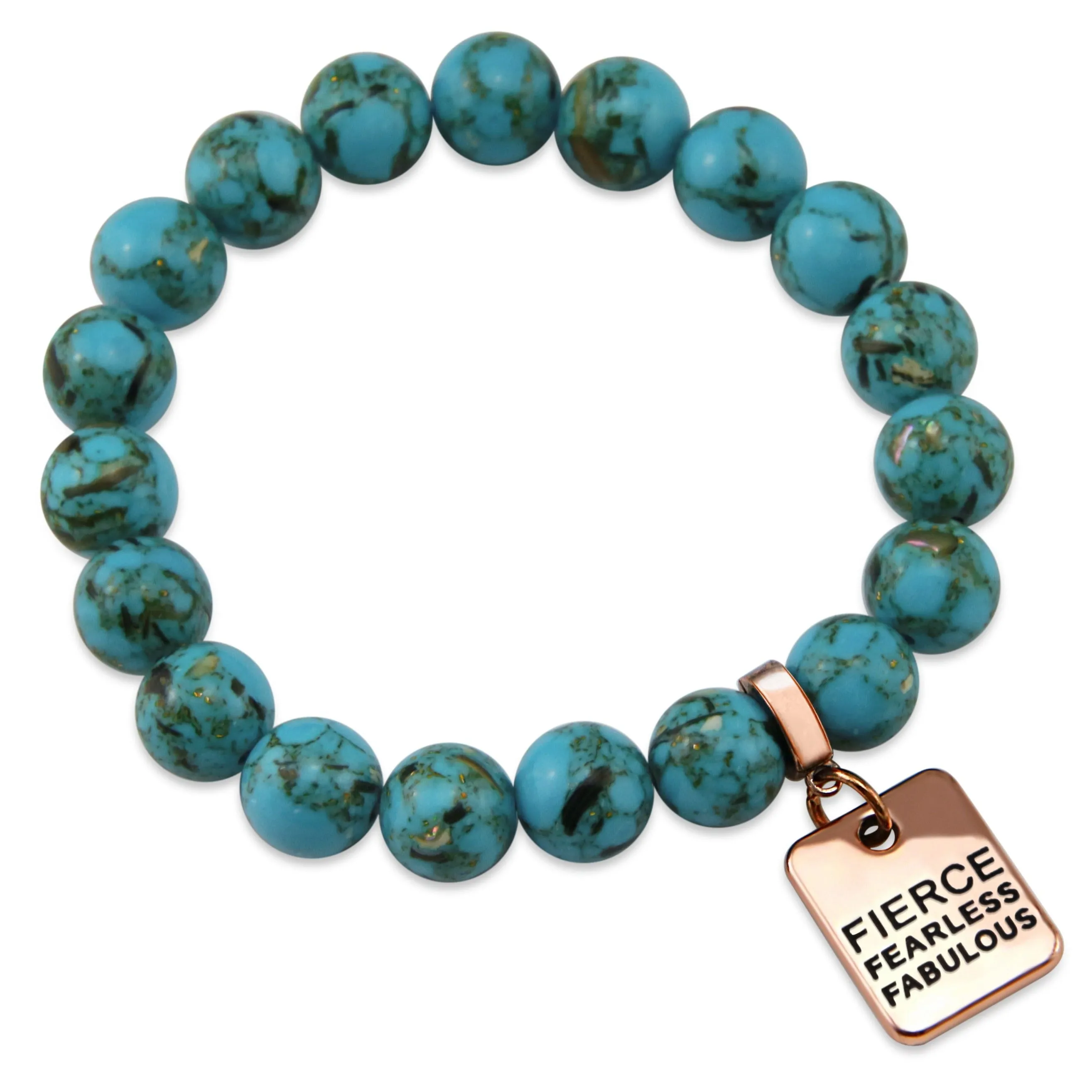 TEAL COLLECTION Peacock Teal Synthesis 10mm Stone Bead Bracelet - Rose Gold Word Charms