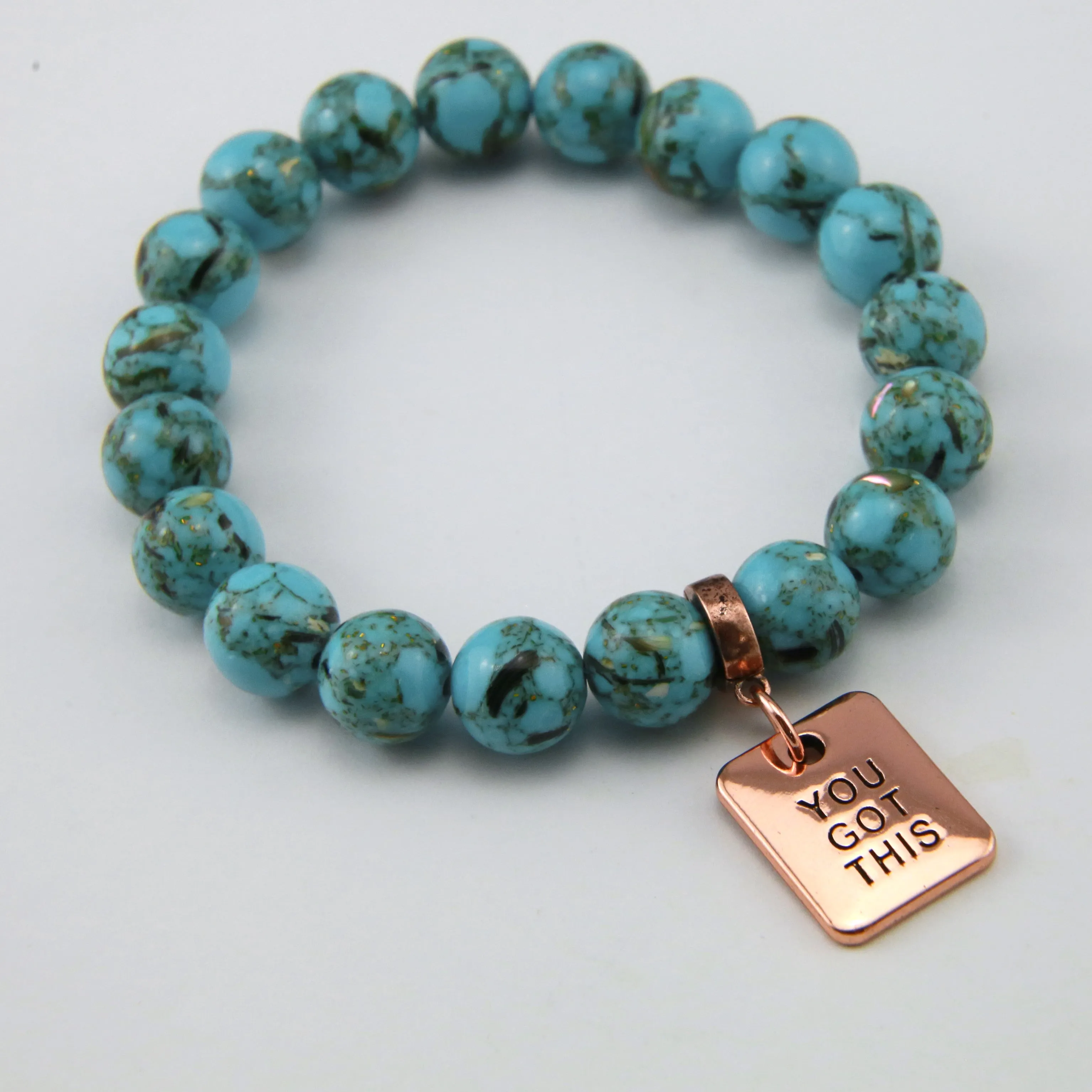 TEAL COLLECTION Peacock Teal Synthesis 10mm Stone Bead Bracelet - Rose Gold Word Charms