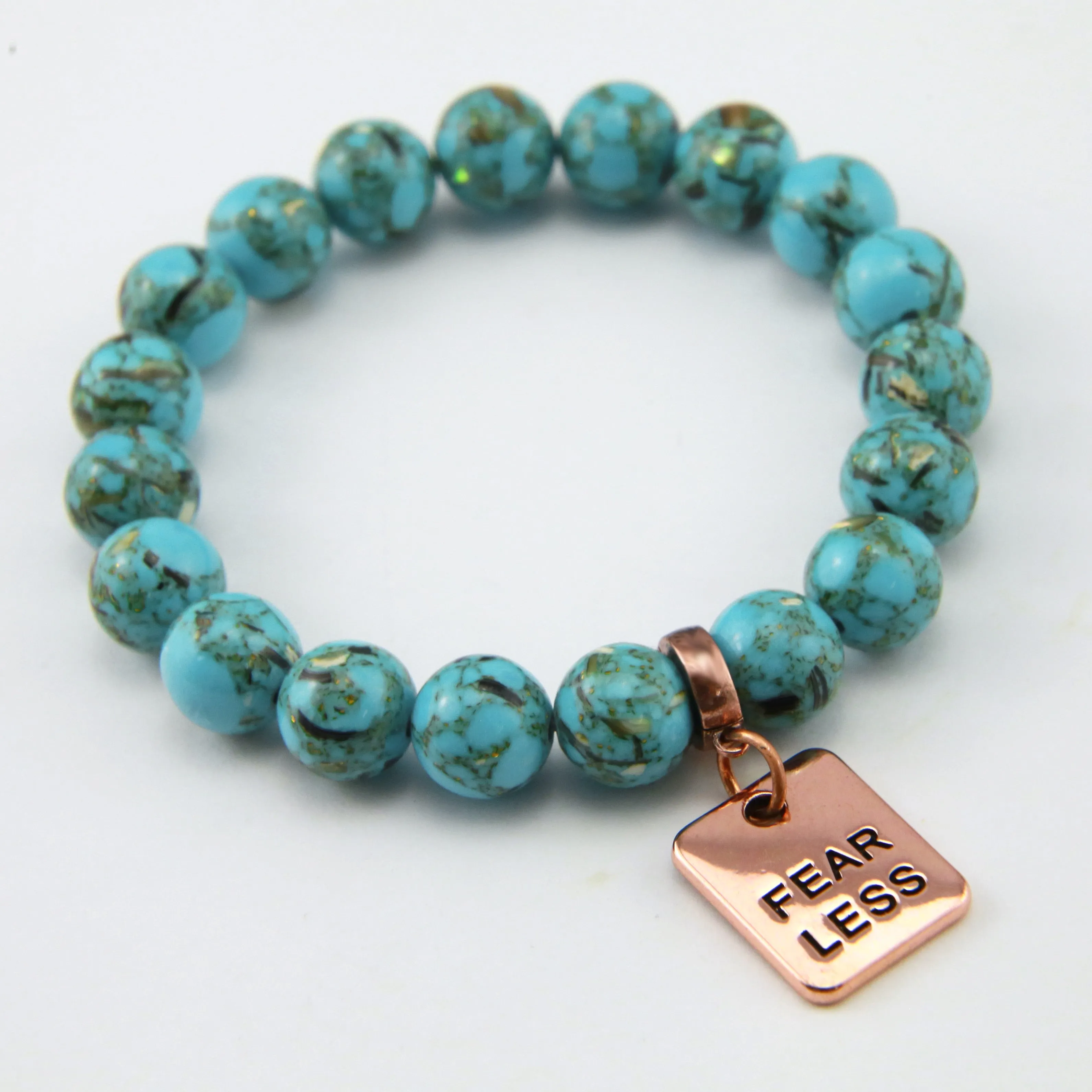 TEAL COLLECTION Peacock Teal Synthesis 10mm Stone Bead Bracelet - Rose Gold Word Charms