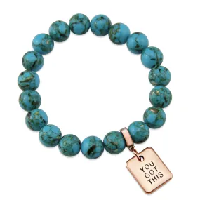 TEAL COLLECTION Peacock Teal Synthesis 10mm Stone Bead Bracelet - Rose Gold Word Charms