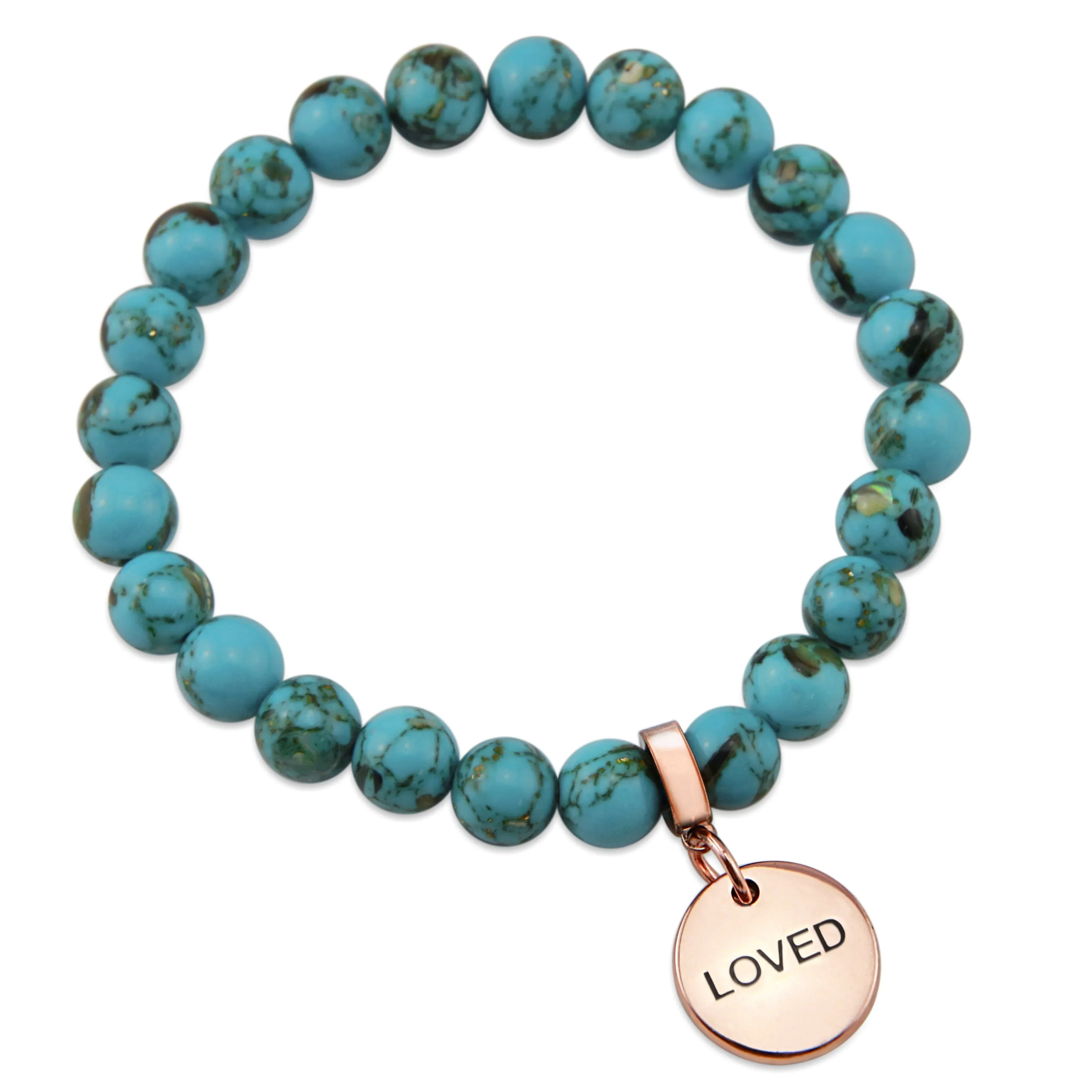 TEAL COLLECTION - Peacock Teal Synthesis 8mm Bead Bracelet - Rose Gold Word Charms