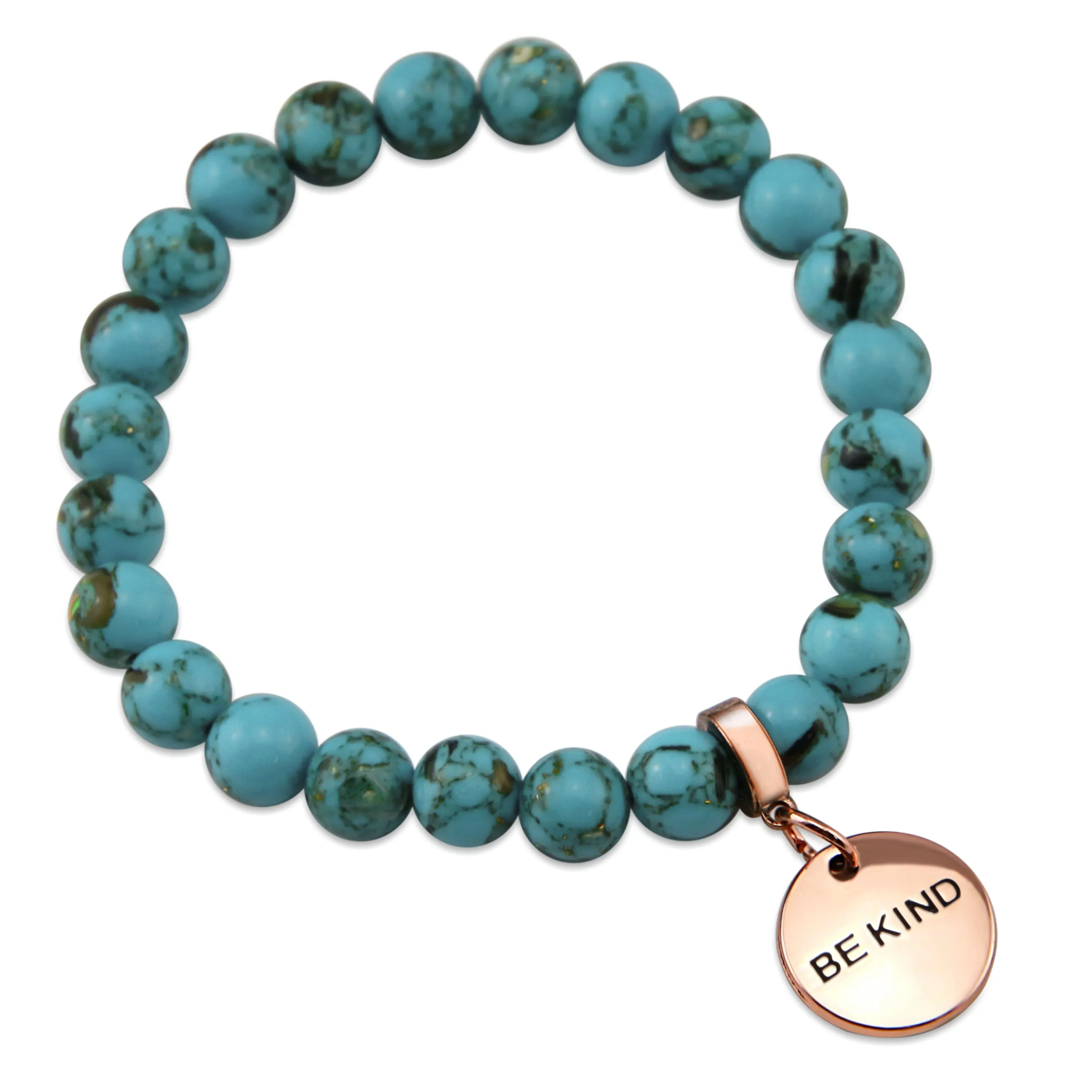 TEAL COLLECTION - Peacock Teal Synthesis 8mm Bead Bracelet - Rose Gold Word Charms