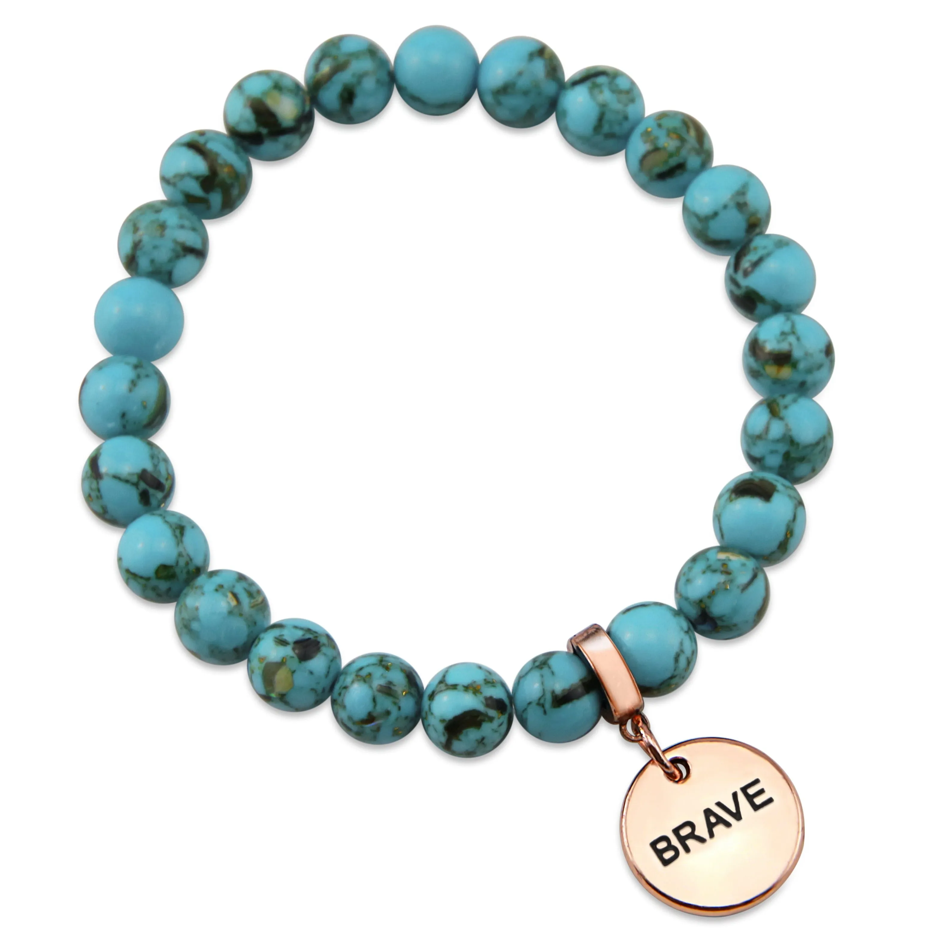 TEAL COLLECTION - Peacock Teal Synthesis 8mm Bead Bracelet - Rose Gold Word Charms