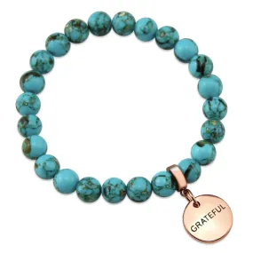 TEAL COLLECTION - Peacock Teal Synthesis 8mm Bead Bracelet - Rose Gold Word Charms