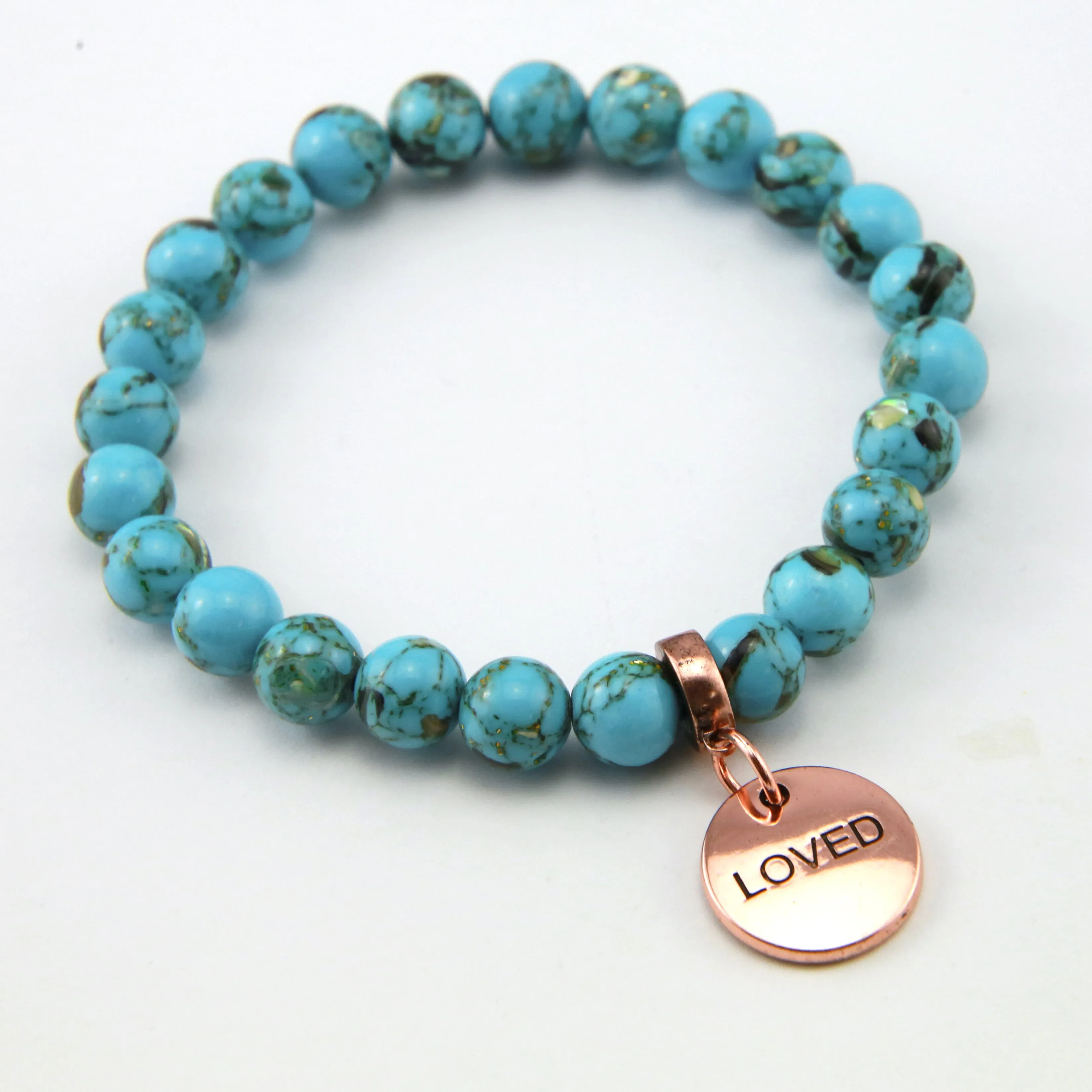 TEAL COLLECTION - Peacock Teal Synthesis 8mm Bead Bracelet - Rose Gold Word Charms